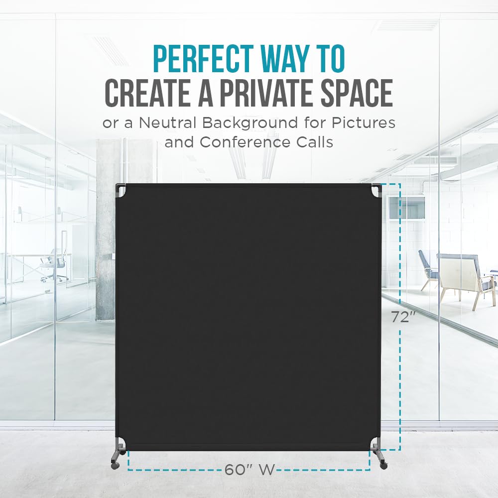 Steel-AID 60-inch Rolling Privacy Room Divider - Freestanding Office Wall Partition with Non See-Through Blackout Screen - Sturdy & Durable Iron Frame - Rolling Wheels - Black, White, Gray & Blue