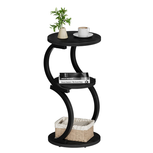 JUSTOGO Small Round Side Table, 3-Tier End Table for Living Room, Vintage Nightstand for Small Spaces Sofa Couch Corner Bedside Bedroom, S-Shaped Wood Accent Table Metal Coffee Table, Black