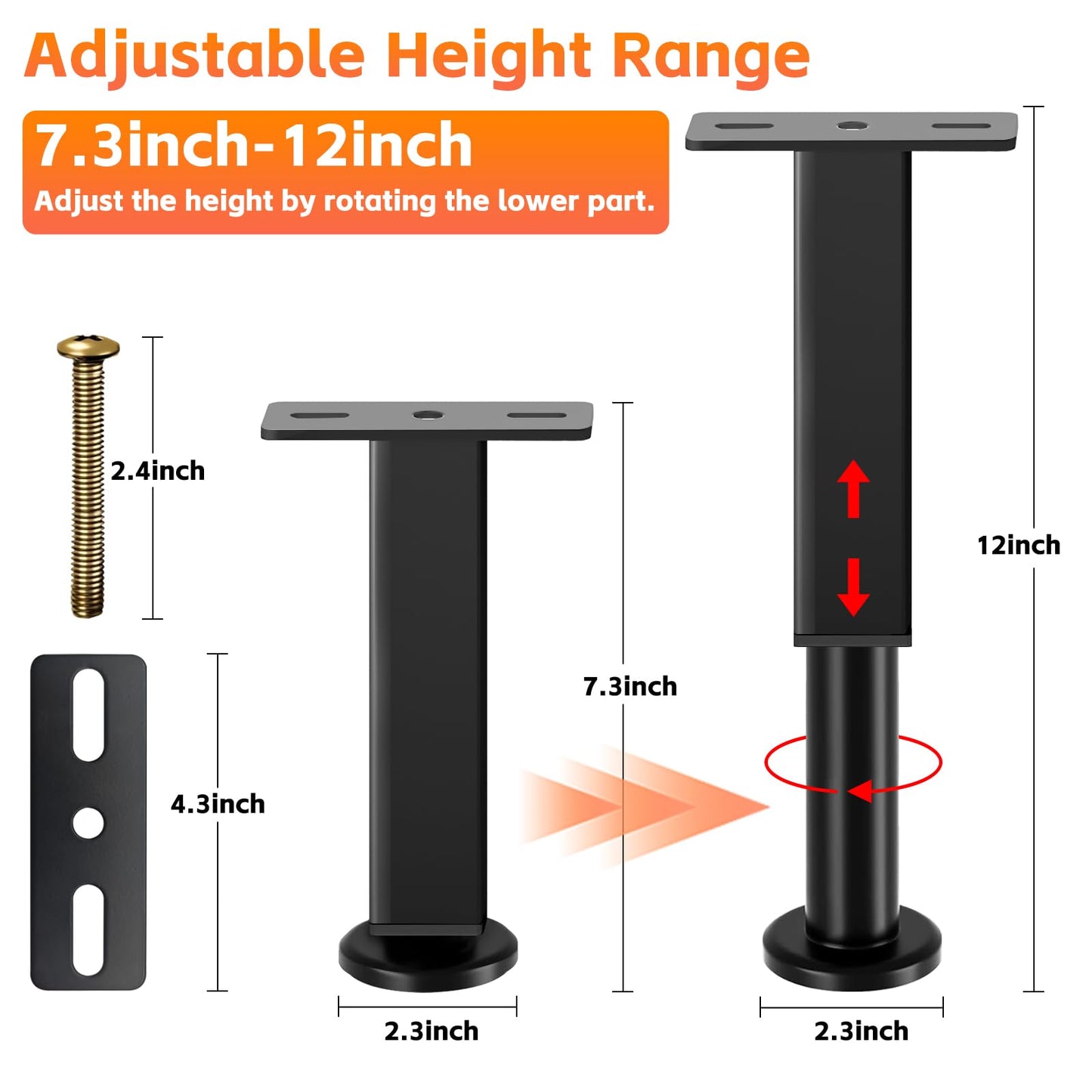 4PCS Adjustable Height Bed Support Legs, 7.3-12 In, Metal Heavy Bed Risers with Non-Slip Rubber Base, Replacement Furniture Feet for King Queen Frame Slats, Sofa, Couch, Cabinet, Dresser, Table