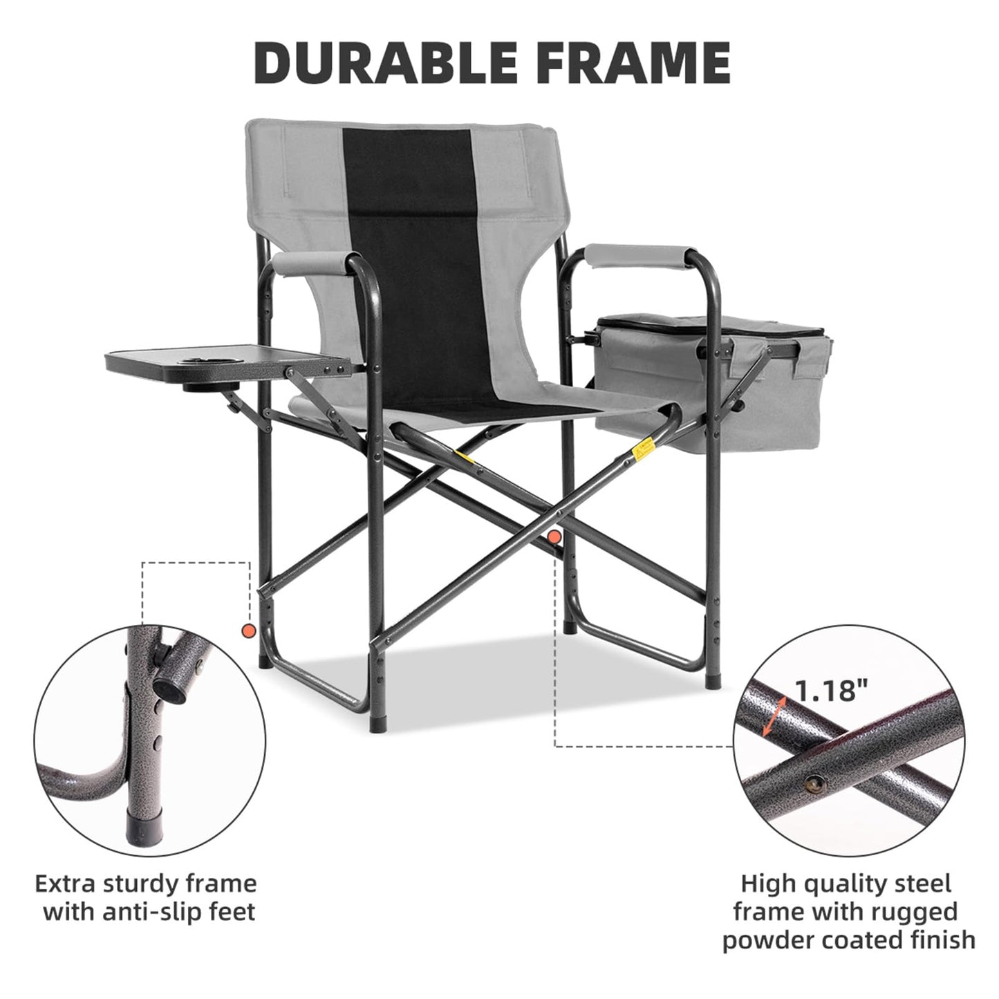 Foristrail Director Camping Chair with Cooler Bag & Foldable Side Tray - 400lbs Heavy Duty Outdoor Folding Lawn Chair, Portable Camp Chair for Fishing/Backyard (Black & Gray)