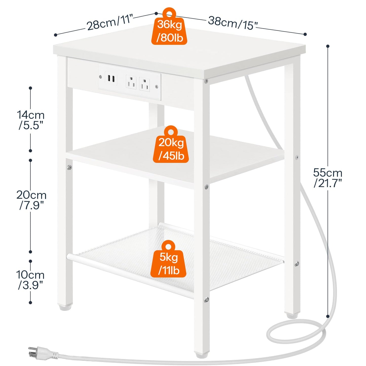 HOOBRO Side Table with Charging Station and USB Port, Small End Table for Small Space, 3-Tier Nightstand with Adjustable Shelf, for Living Room, Bedroom, White WW112BZ01