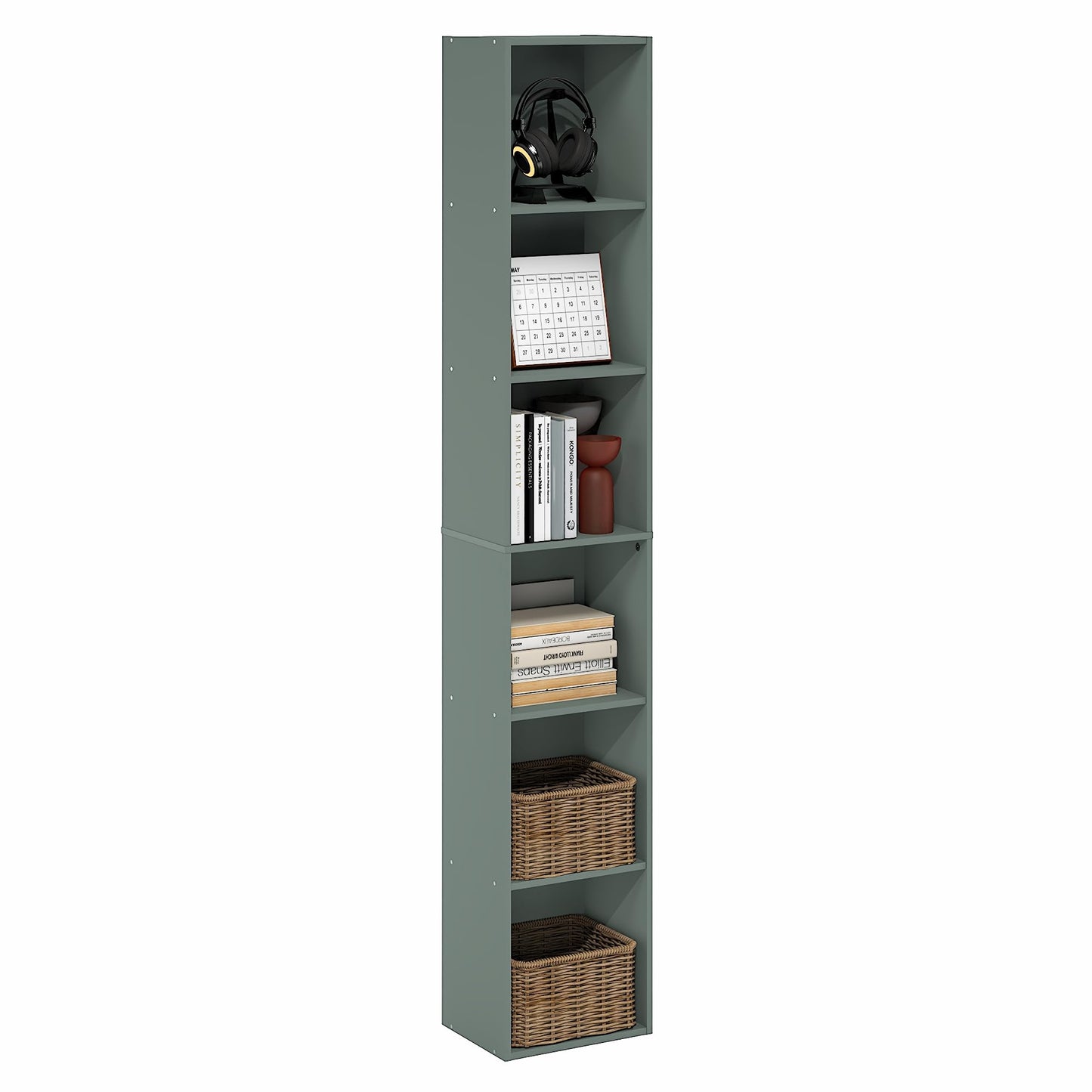 Furinno LUDER Book Shelf, 6-Tier Tall Modern Bookshelf, Bookcase with Open Shelving, Floor Standing Shelves, 9.3 x 12 x 71, for Living Room, Bedroom, Home Office, Sage Green