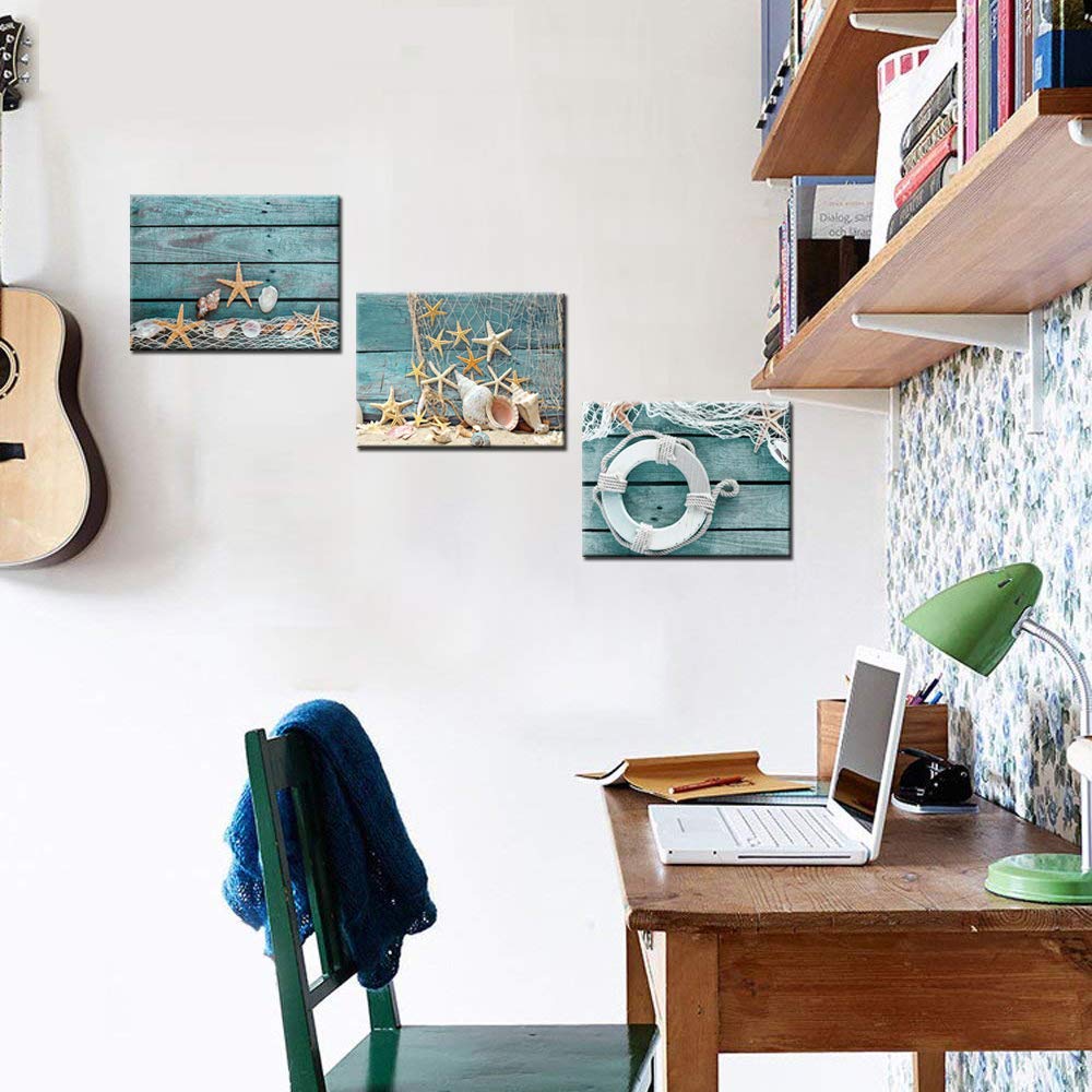 Biuteawal- 3 Piece Canvas Wall Art Starfish Shell on Teal Board Painting Prints Beach Nature Picture Canvas Artwork for Home Kitchen Bathroom Living Room Wall Decor Ready to Hang