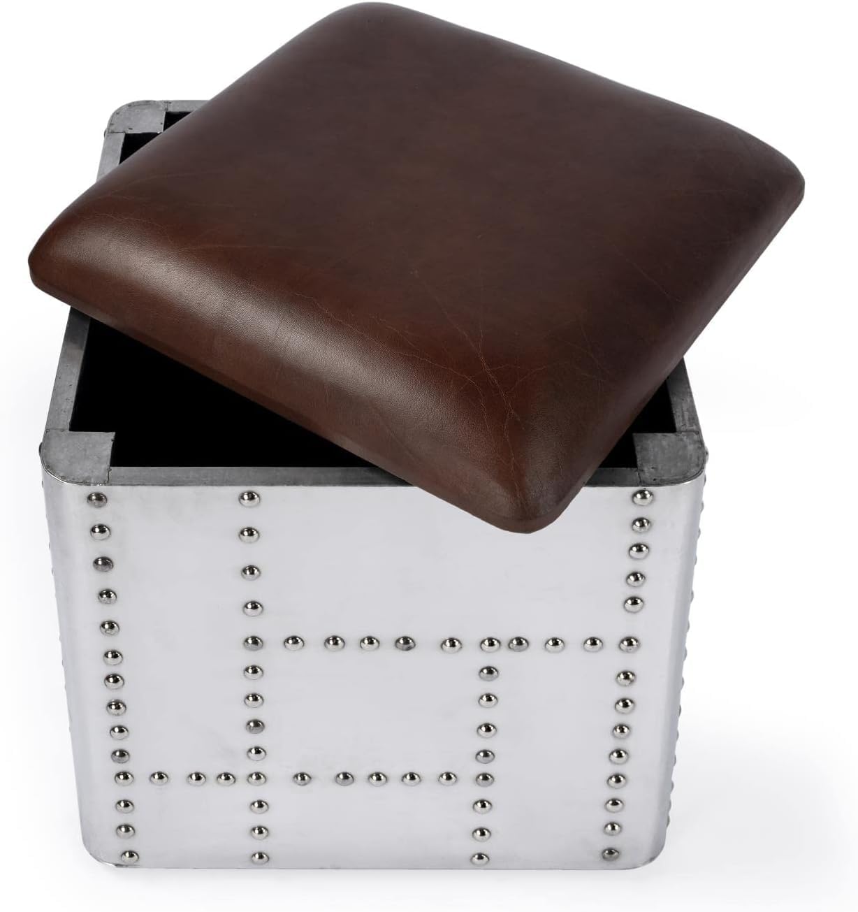 NauticalMart Wooden Square Ottoman Side Table Midway Aviator Leather Stool