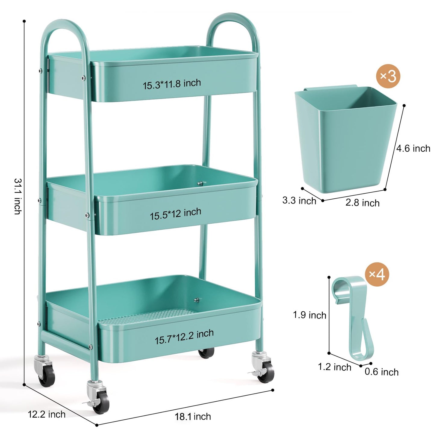 3 Tier Green Metal Rolling Cart with Lockable Wheels and Handle, 3 Tiered Utility Storage Organizer Carts for Teachers, Arts, Craft, Snack, Book, Bedside, Nursery, Cleaning Supplies, Easy Assembly