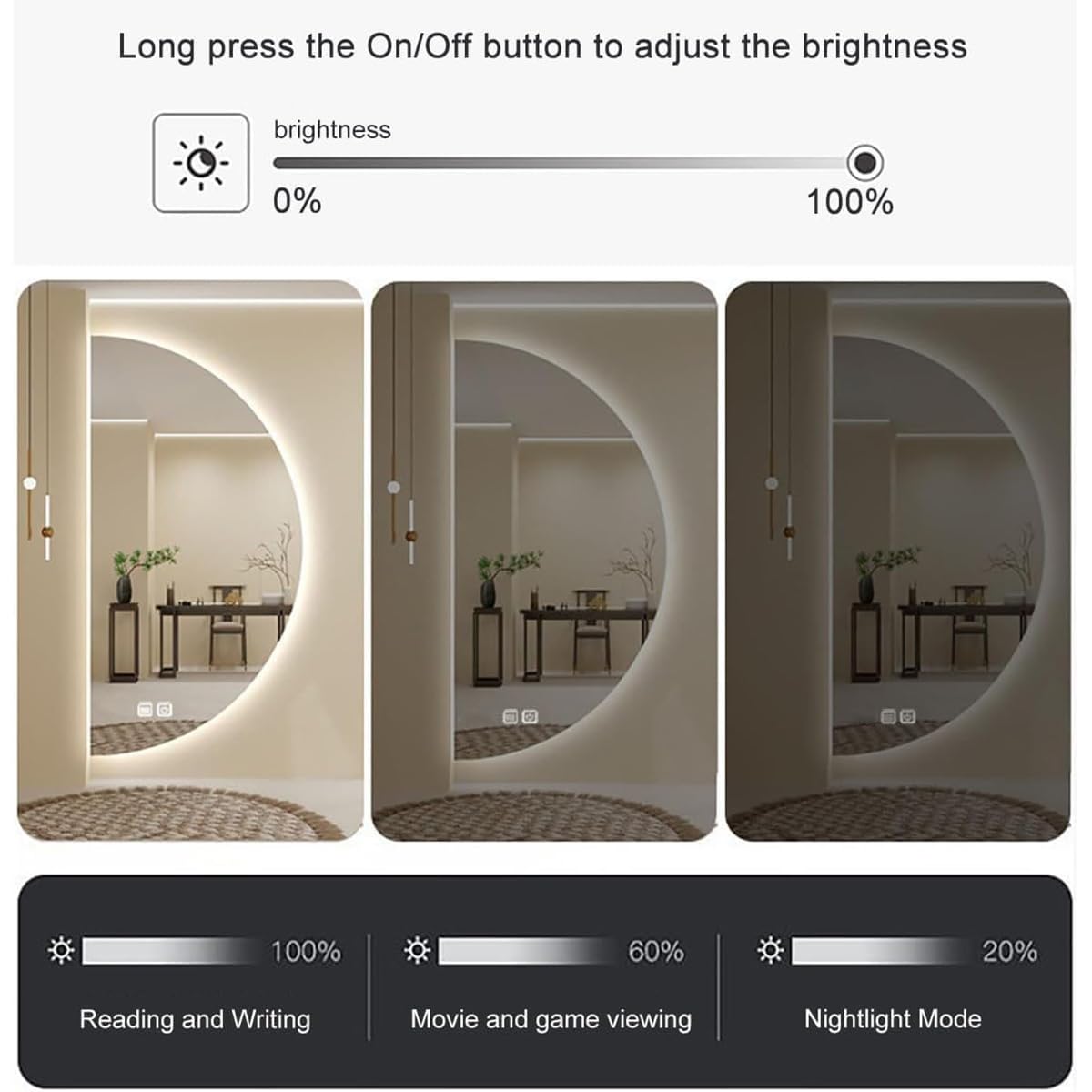 Half Moon LED Bathroom Mirror, Semi Circle Wall Mirror with Anti-Fog, Half Circle Frameless Mirror with Dimmable Brightness for Living Room, Cloakroom, Entryway