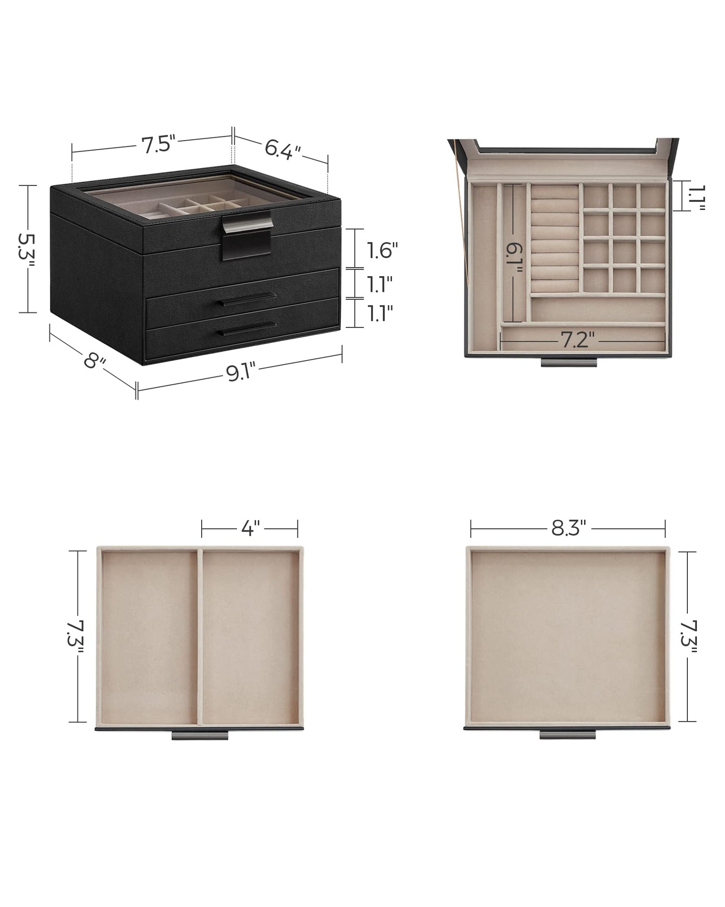 SONGMICS GISELLA Collection - Jewelry Box Organizer, 3-Layer Jewelry Storage with 2 Drawers, Shiny Metal Hardware, Glass Lid, Modern, 8 x 9.1 x 5.3 Inches, Graphite Black and Silver UJBC239BK