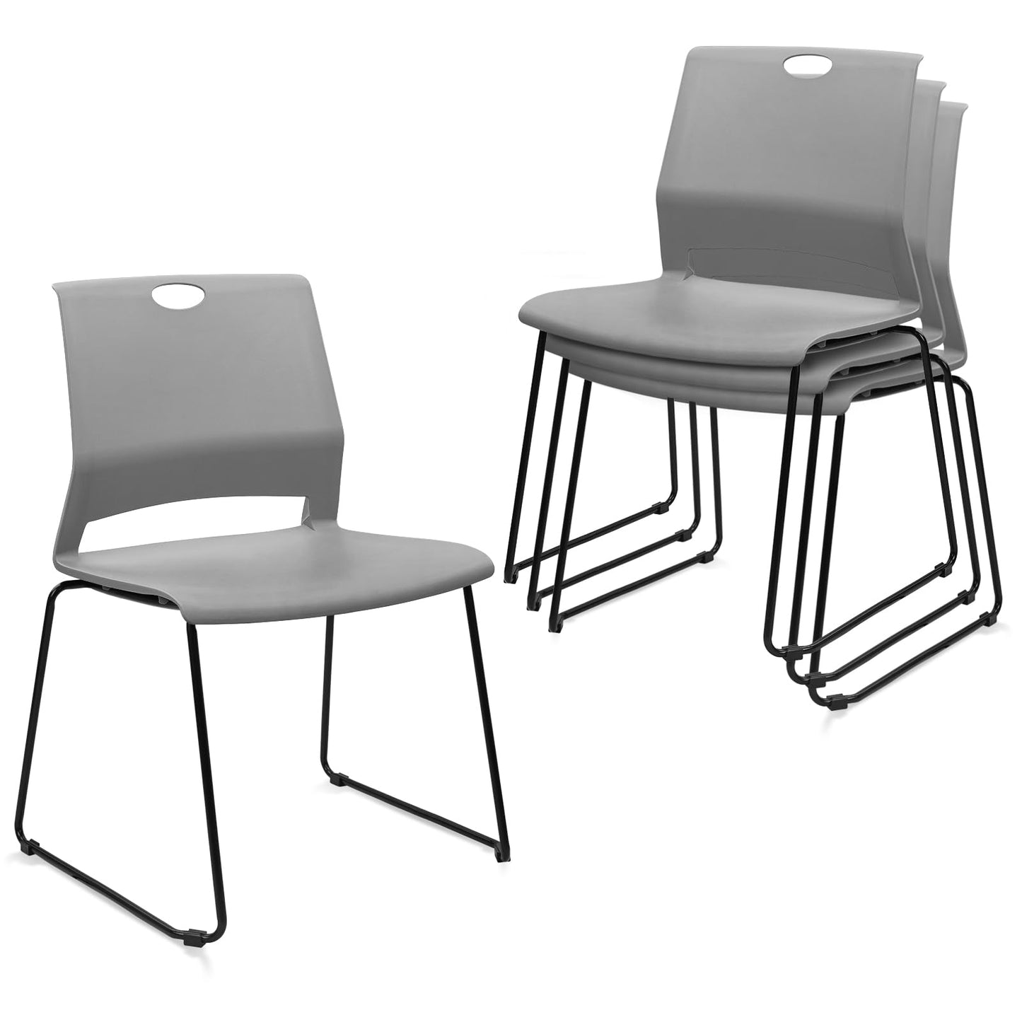 KLASIKA Stackable Guest Reception Chairs, Stacking Office Chair with Ergonomic Lumbar Support & Metal Legs, Plastic Desk Chairs for Conference School Church Waiting Meeting Break Room Set of 4, Gray