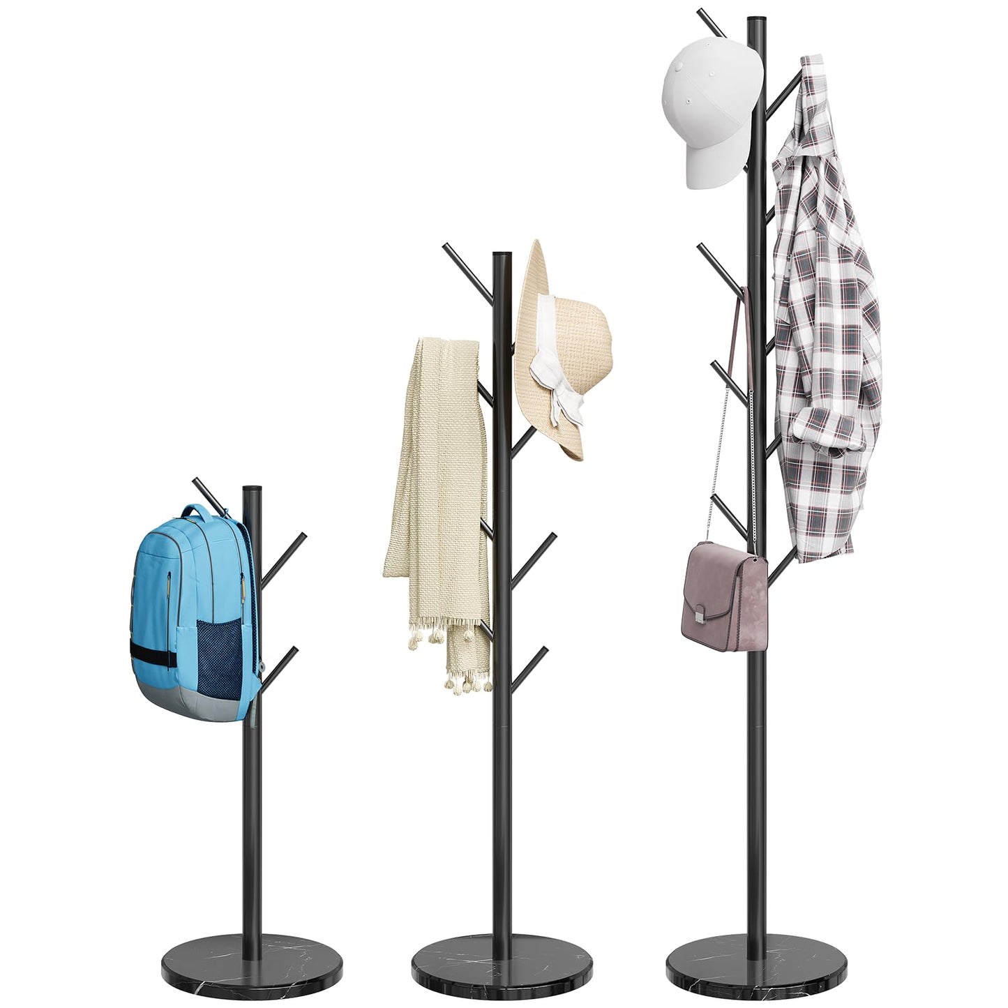 ELYKEN Coat Rack Freestanding with Natural Marble Base, Metal Coat Rack Stand with 10 Hooks, 3 Adjustable Size Coat Tree for Bags, Clothes, and Hats for Entryway, Bedroom, Hallway, Office, Black
