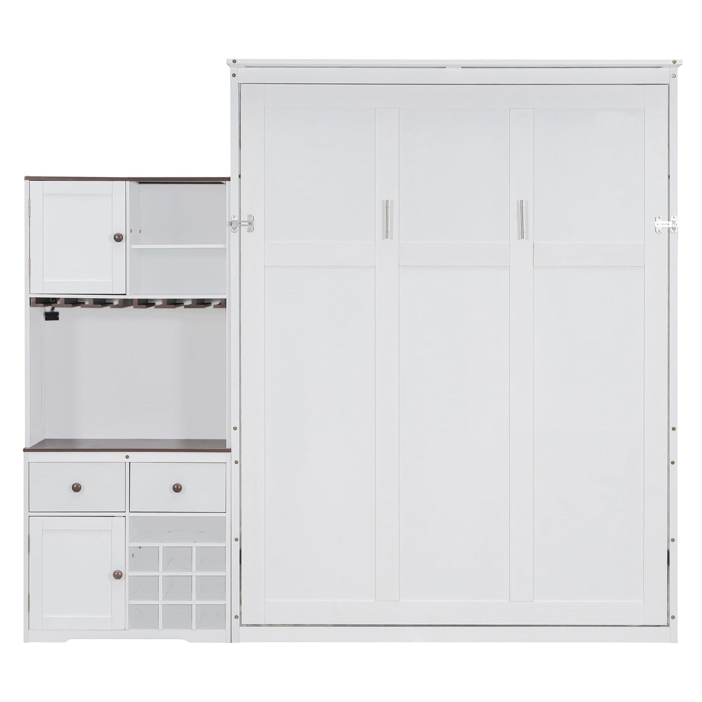 Filtome Queen Size Murphy Bed with Storage Cabinet, Wine Rack, Glass Holder, Drawers and Multi-Color Led Strip, White