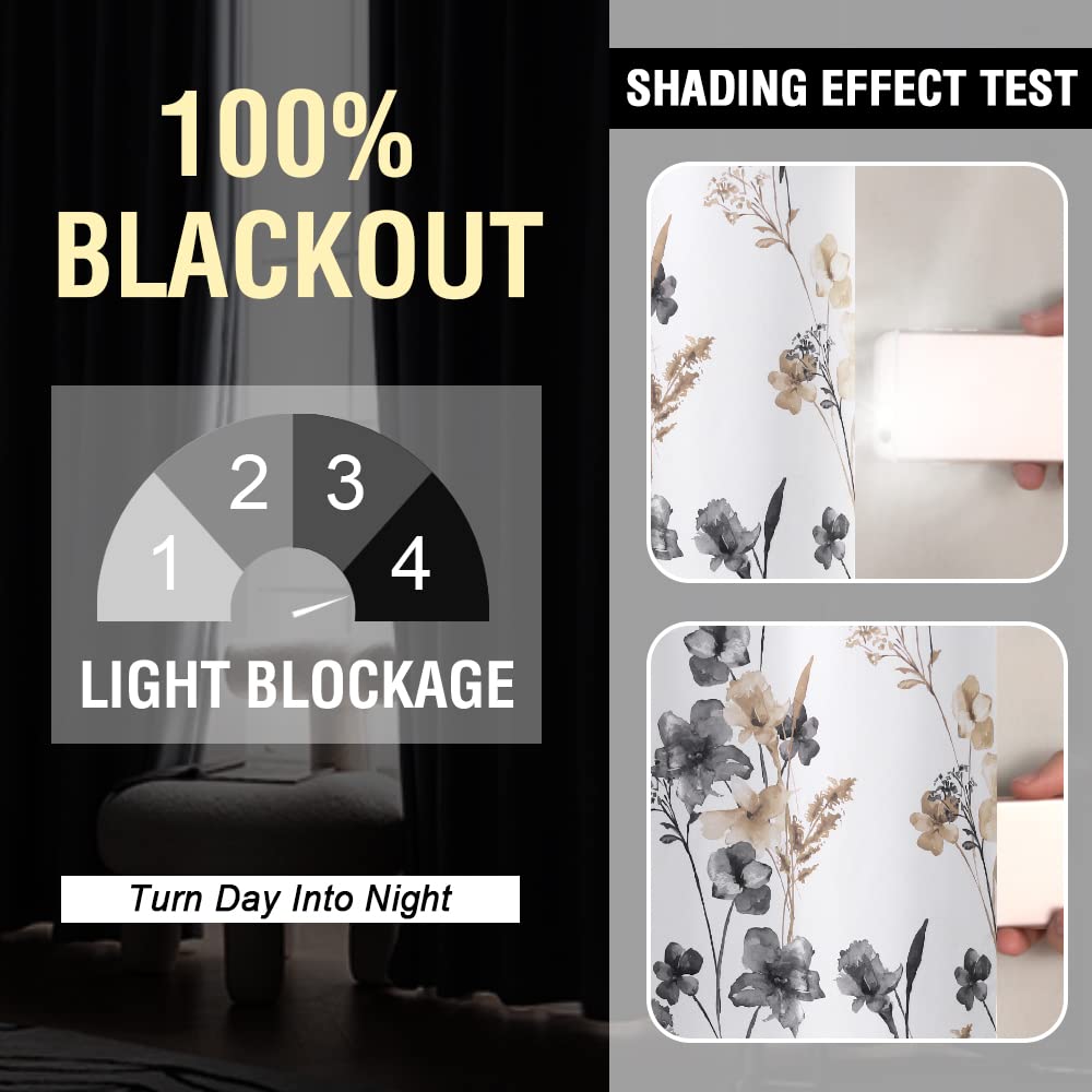 H.VERSAILTEX 100% Blackout Curtains for Bedroom Cattleya Floral Printed Drapes 63 Inches Long Leah Floral Pattern Full Light Blocking Drapes with Black Liner Rod Pocket 2 Panels, Grey/Taupe