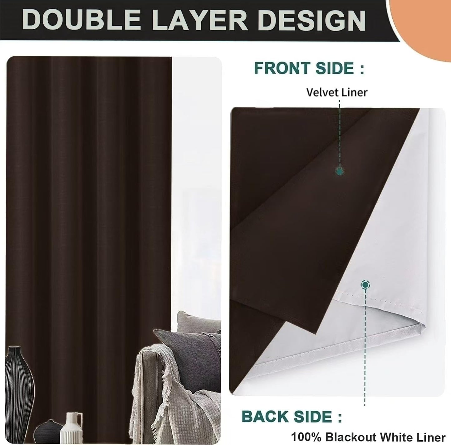 SMILETIME 100% Blackout Brown 52 x 108 in Long Velvet Curtains with Grommet, Thermal Insulated Super Soft Privacy Noise Reducing Velvet Curtains for Living Room Bedroom, 2 Panels