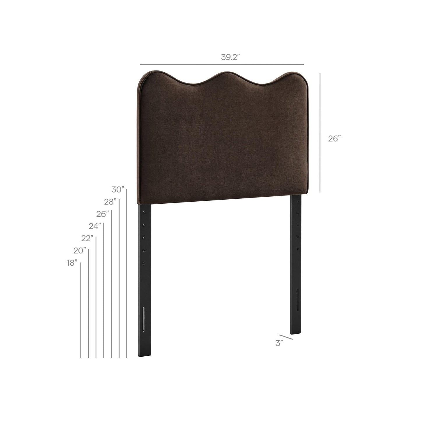 Monday Athena Twin Size Performance Velvet Adjustable Headboard in Chocolate Brown - with Scalloped Wave Design and Stain-Resistant Velvet Upholstery