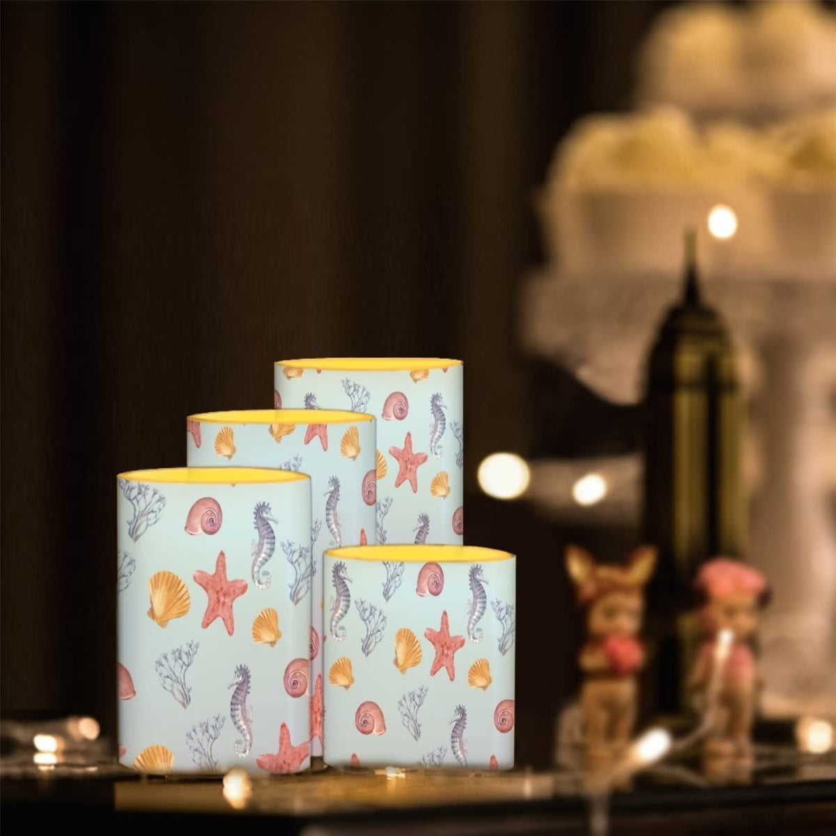 Cozeyat Starfish Design Candles 4 Packs,Electric Real Wax Pillar LED Tealight with Remote and Timer,Flickering Ivory Wax Pillar Moving Candles,Home Party Decoration