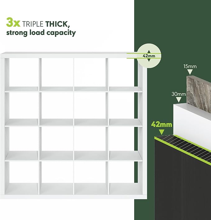 Furinno Cubicle Book Shelf, 16-Cube Bookshelf, Triple Thick Frame Cube Storage