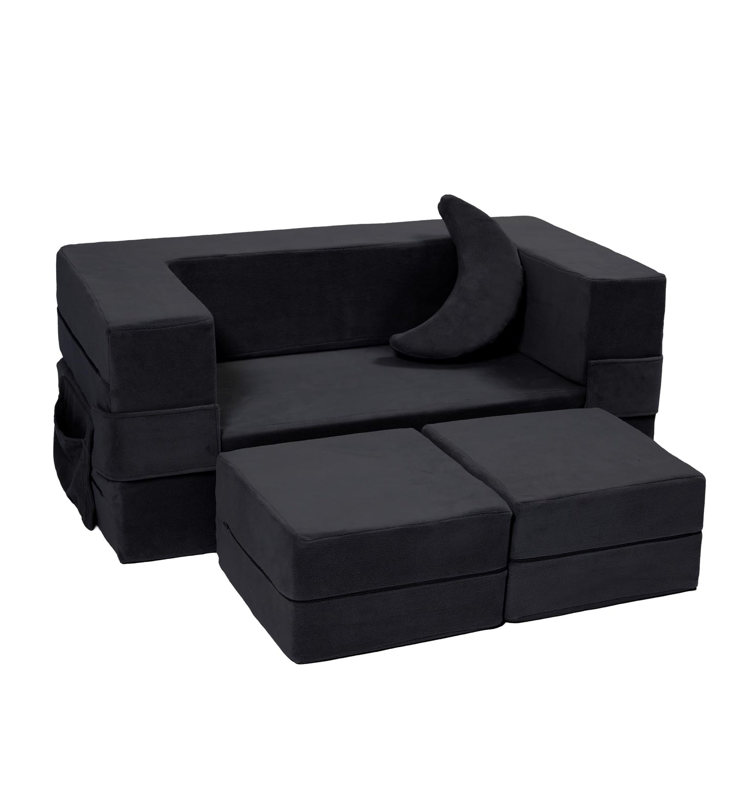 Elftopia Modular Kids Sofa,Toddler Couch Foam Armchair for Kids, Children Convertible Plush Sofa Play Set,Fold Out SofaBed(Black)