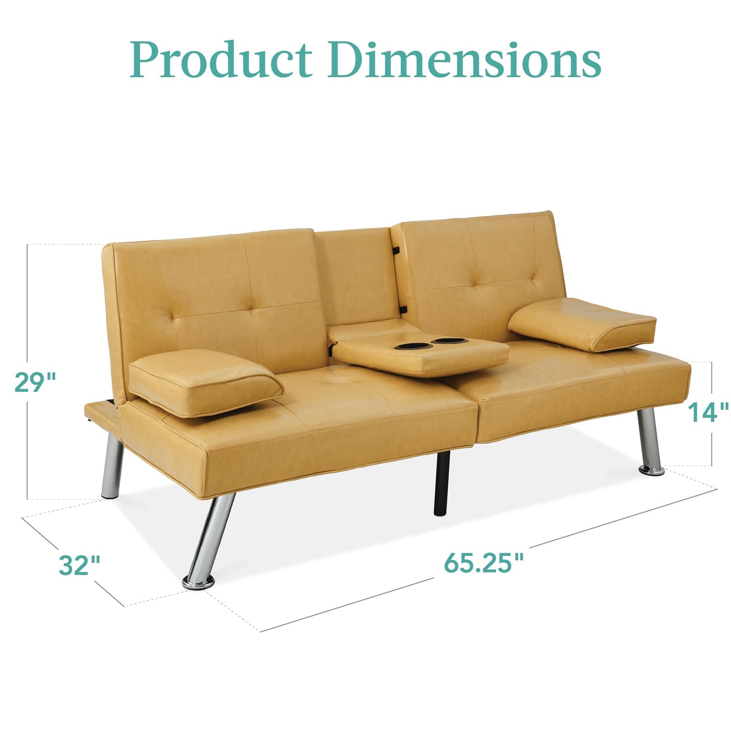 Best Choice Products Faux Leather Upholstered Modern Convertible Futon, Adjustable Folding Sofa Bed, Guest Bed w/Removable Armrests - Camel Yellow