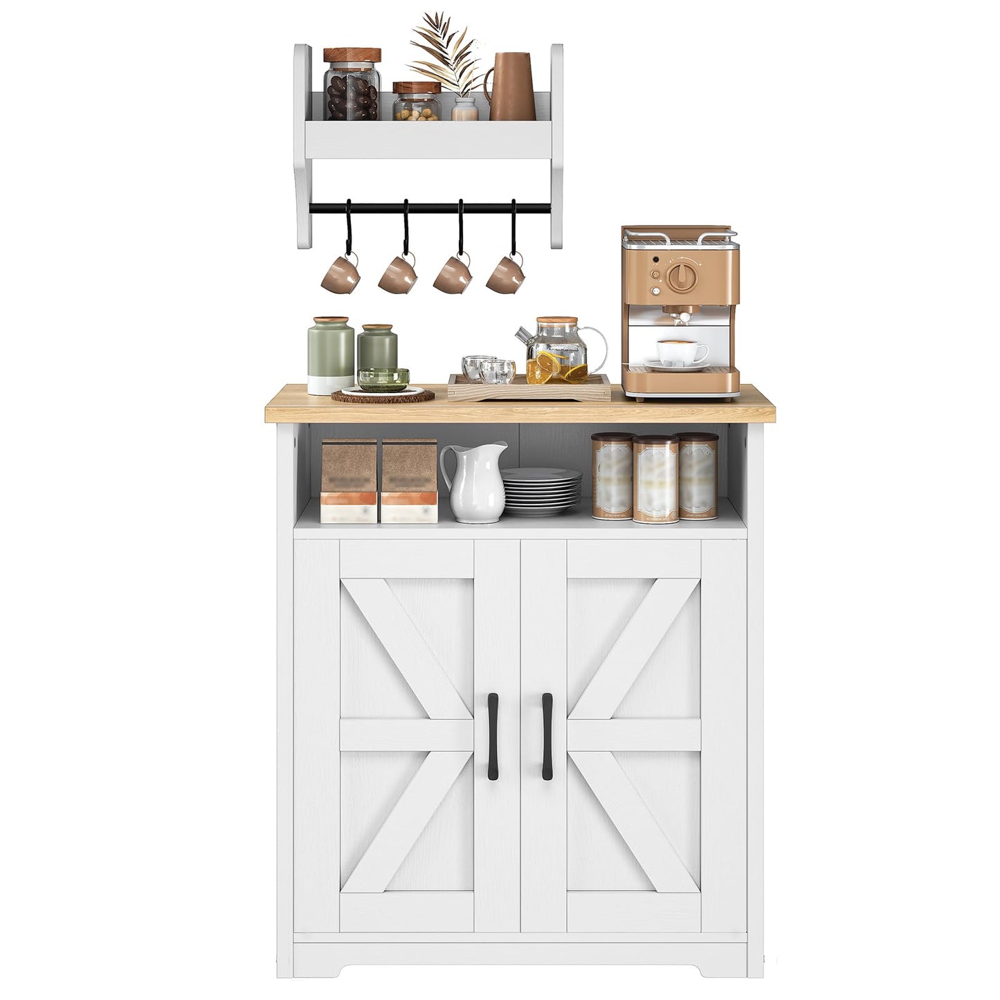 YATINEY Coffee Bar Cabinet, Kitchen Island with Storage, Farmhouse Sideboard Buffet Cabinet with Dual-Purpose Floating Shelf and Hooks, for Kitchen Living Room, White and Natural KF22WN