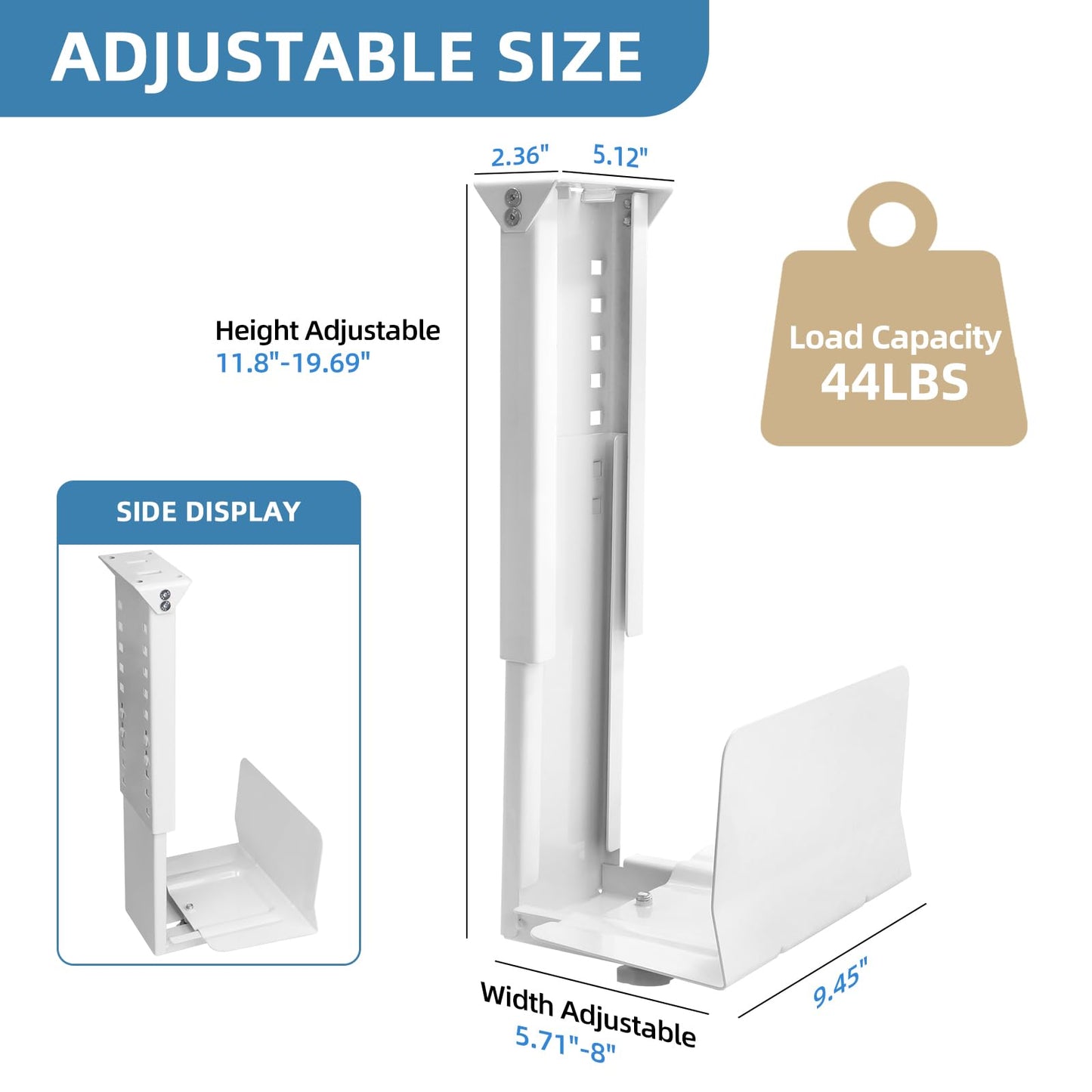 Heavy Duty Computer Wall Mount, Also Great for PC Mount Under Desk - Height Adjustable from 12" to 20", Width Adjustable from 5.7" to 8" - Computer Case Stand PC Holder Under Desk or On Wall, White