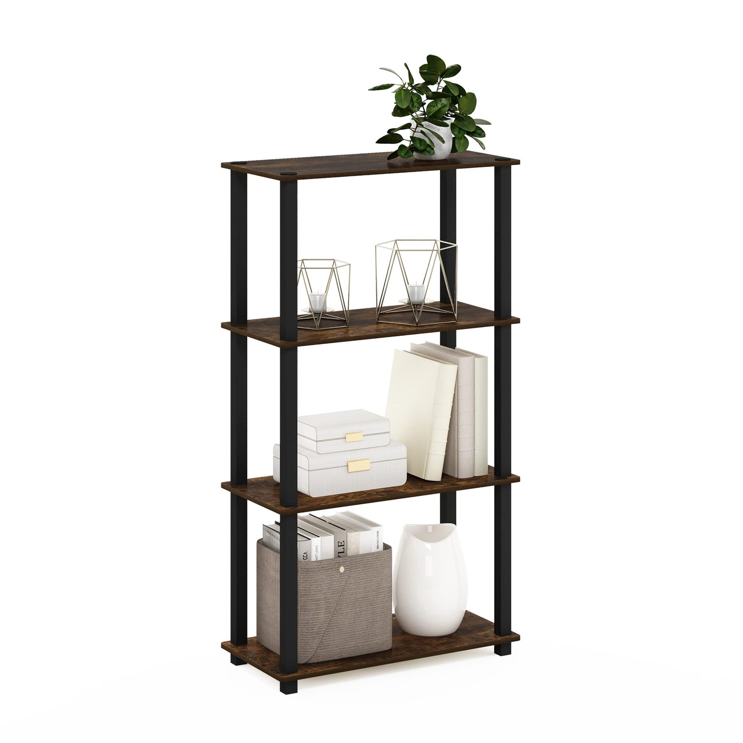 Furinno TURN-S-TUBE Storage Shelves, 4-Tier Book Shelf, Corner Shelf, Toolless Open Shelves, for Organization and Storage, Living Room, Garage, Home Office, Amber Pine