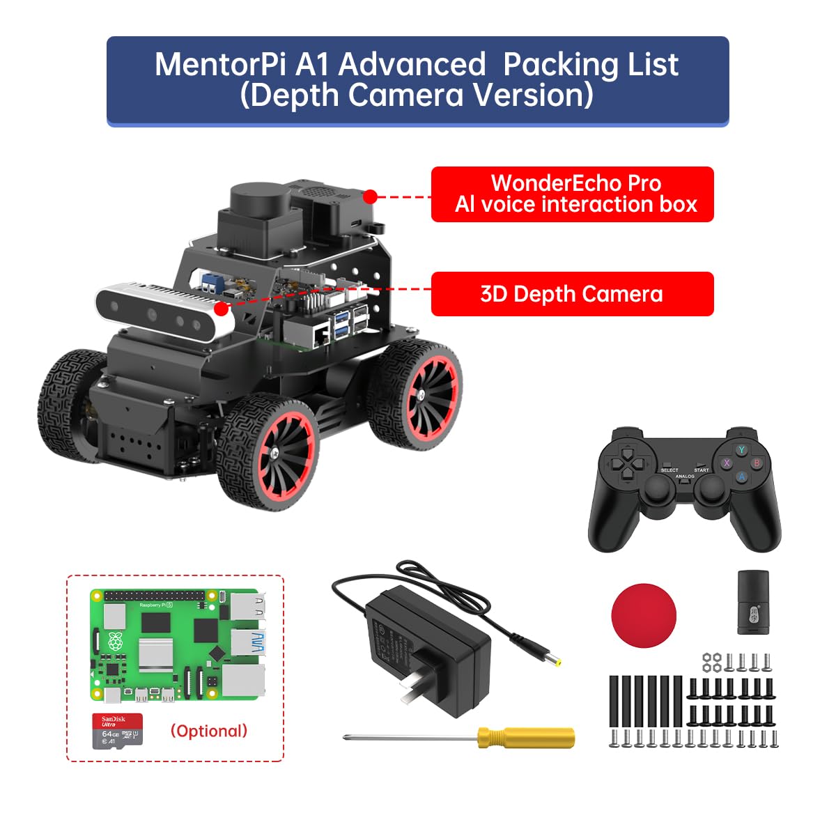 HIWONDER Robot Car with ChatGPT Large AI Models, 3D Depth Camera Ackermann Chassis ROS2-HUMBLE Lidar SLAM Mapping Navigation Autonomous Driving, MentorPi A1 Advanced Kit with Raspberry Pi5 8GB