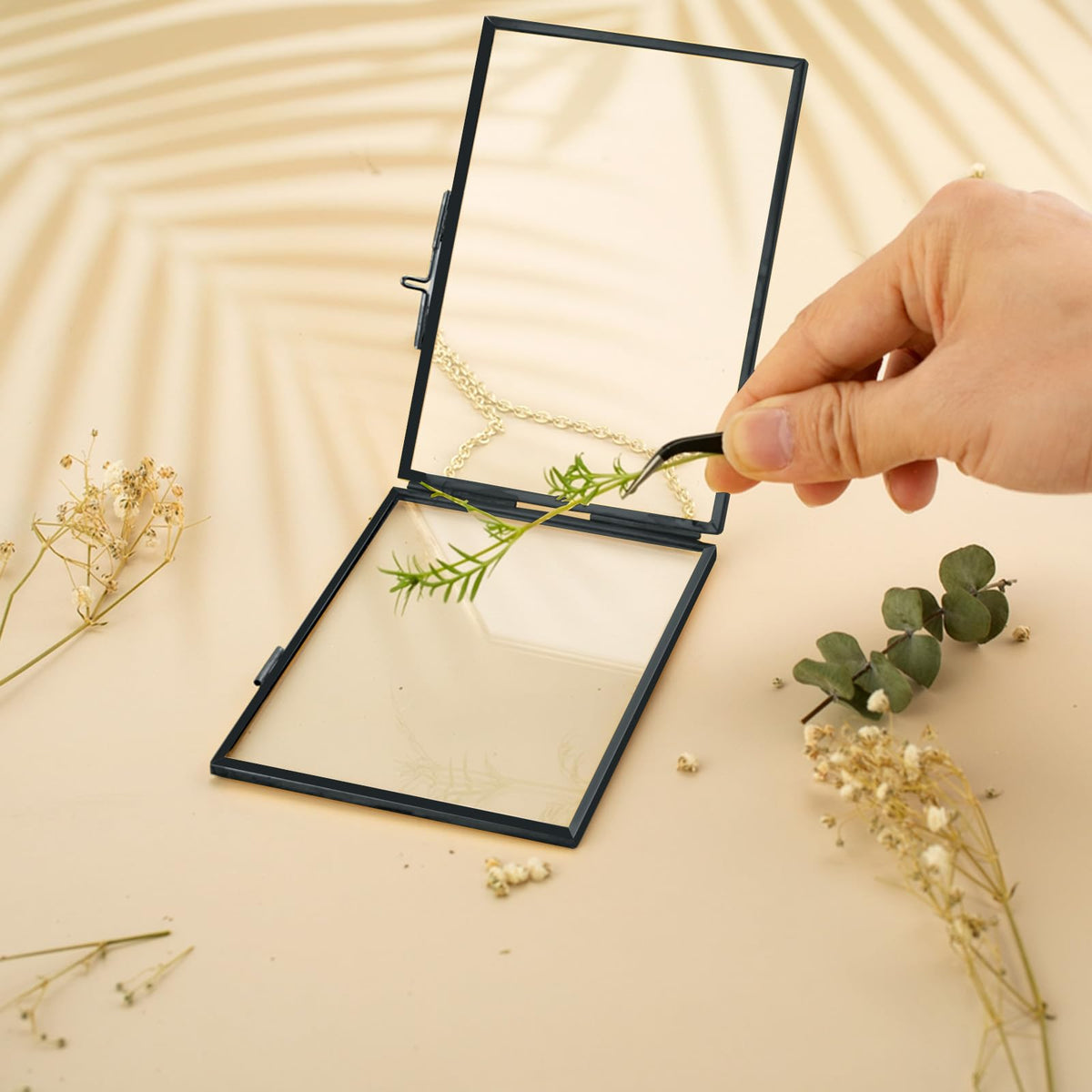 FOCHIER F 5 Pcs Pressed Flower Frames with Tweezers, Wall Hanging Tabletop Display Double Glass Frames with Metal Chain for Pressed Dried Flowers Plants, Horizontal and Vertical Picture Frame, Black