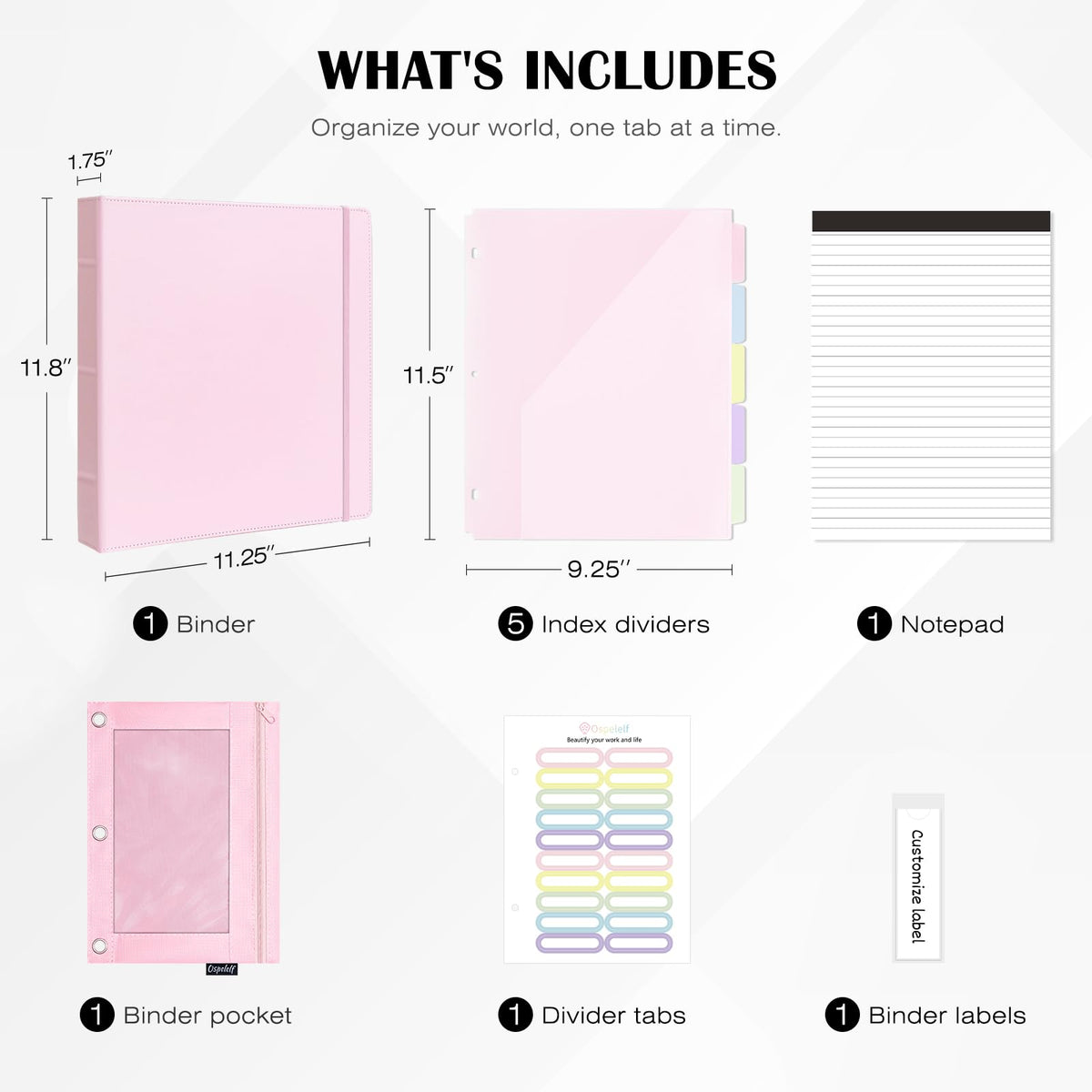 Ospelelf Leather 3 Ring Binder for Letter Size Documents with PVC Pocketed Dividers, 1 Inch Round Rings, Holds 175 Sheets, Binders with Storage Bag & Notepad, for Office School Home Organization, pink