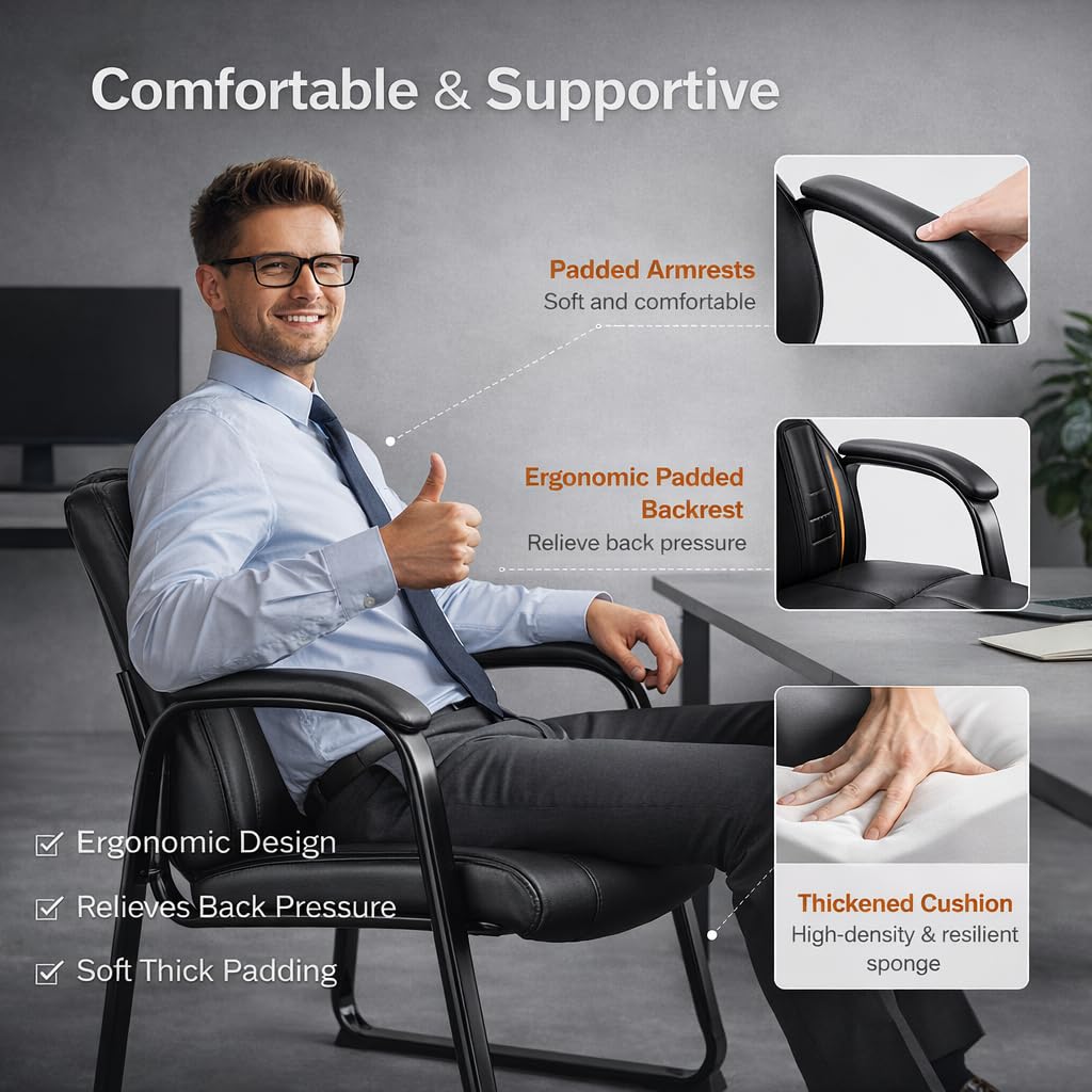 Zoolati Office Guest Chair, Leather Waiting Room Chair with Sled Base and Armrests, Reception Desk Chair No Wheels, Conference Room Chair for Office Lobby Clinic Home