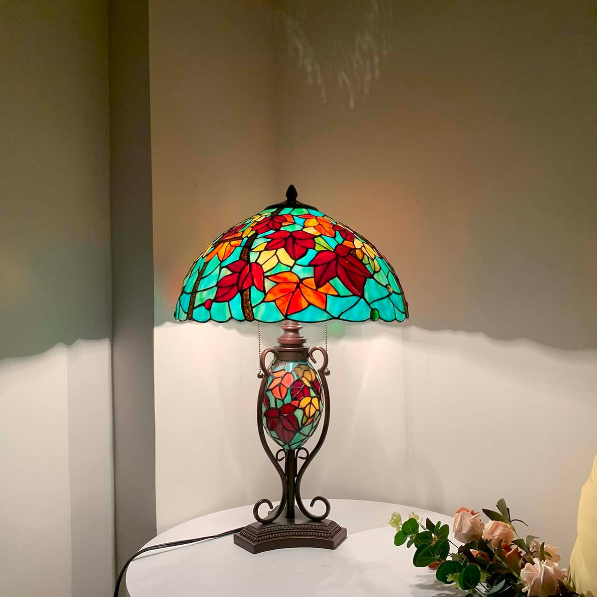 Bieye L10883 Tiffany Style Stained Glass Table Lamp Double Lit for Home Decor 16Wx24H (Maple Leaves)