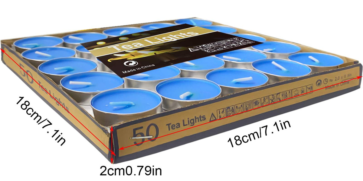 OUO Tea Lights - 50 Pack Smokeless, Dripless & Long Lasting Mini Tealight Candles for Mood, Dinners, Parties, Home Decoration, Wedding, Crafts (Blue)