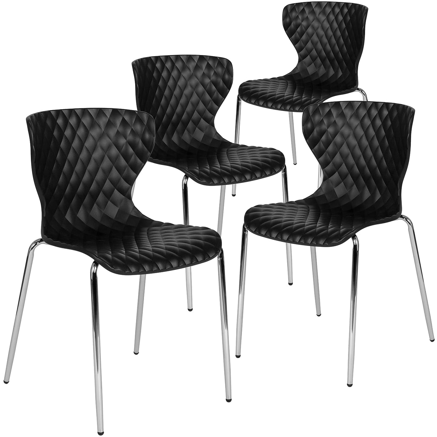 Flash Furniture Lowell Plastic Stacking Chairs for Waiting Rooms and Offices, Ergonomic Lobby Chairs with Patterned Back and Seat, Set of 4, Black