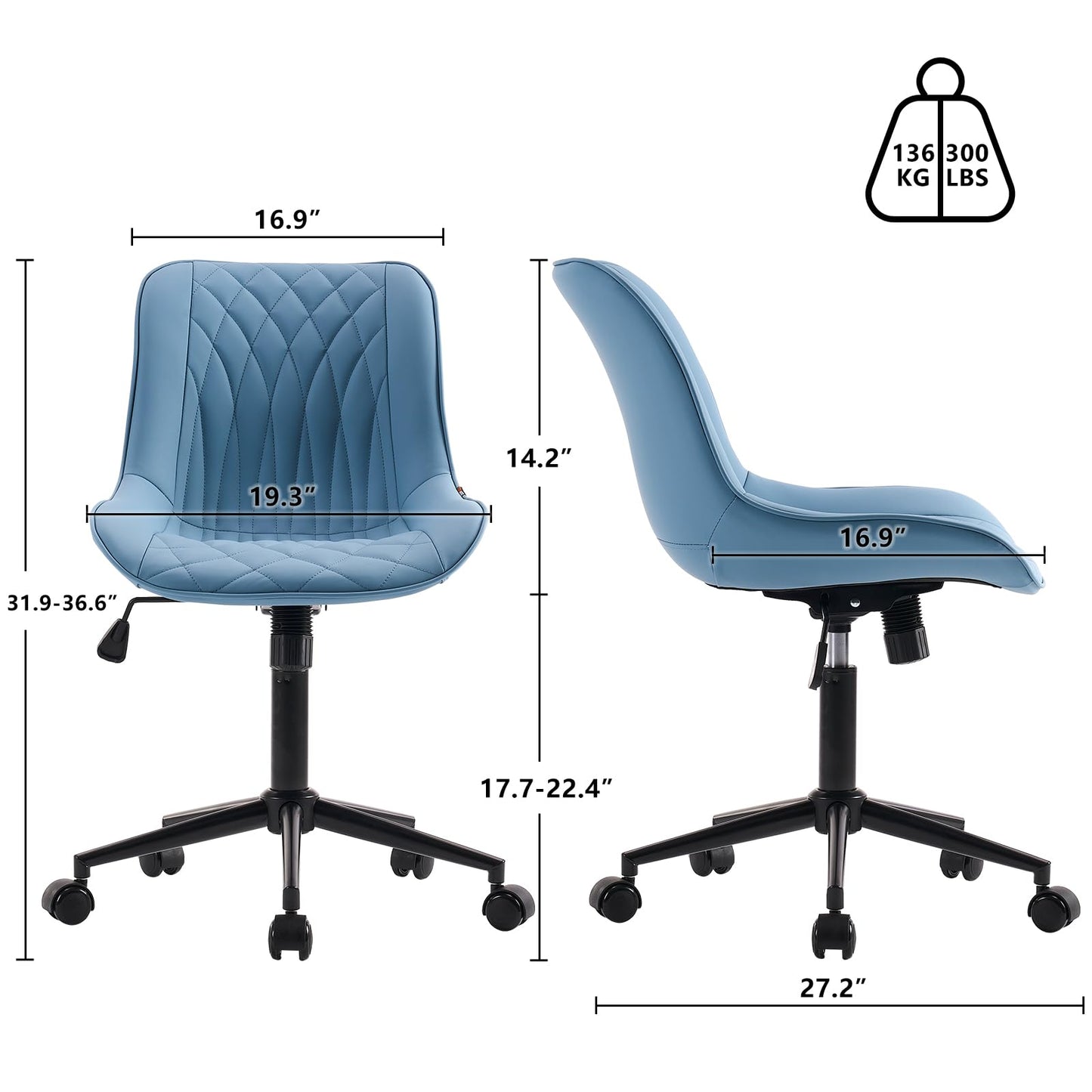 YOUNIKE Blue Ergonomic Home Office Desk Chair No Arms Comfy Small Criss Cross Chair with Wheels Swivel Adjustable Modern Vanity Chair with Back Armless Cute Leather Upholstered Rolling Task Chair