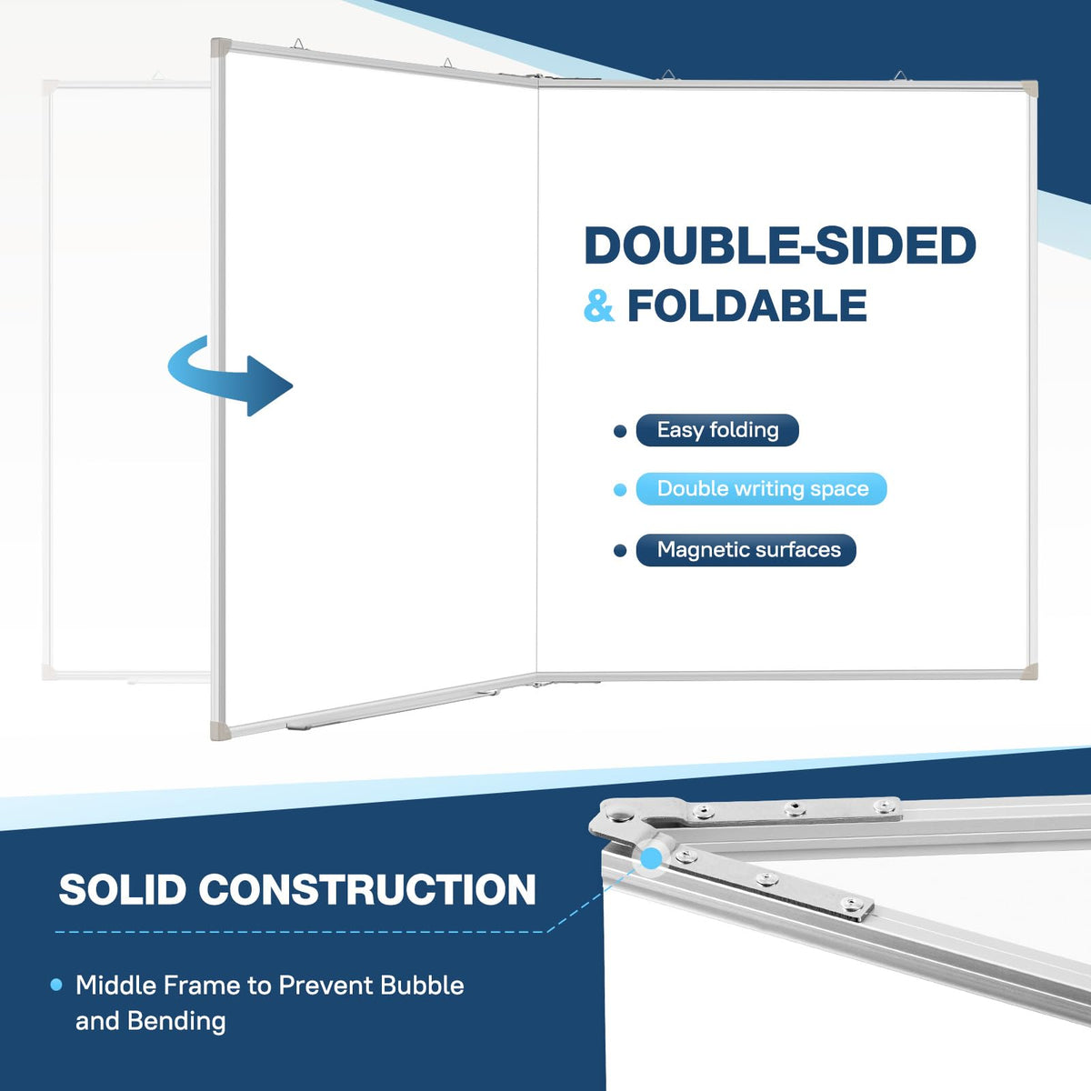 WALGLASS Large White Board Dry Erase Board, 60" x 36" Double-Sided Foldable Dry Erase Board for Wall, Magnetic Whiteboard for Office, Home, School, Kitchen