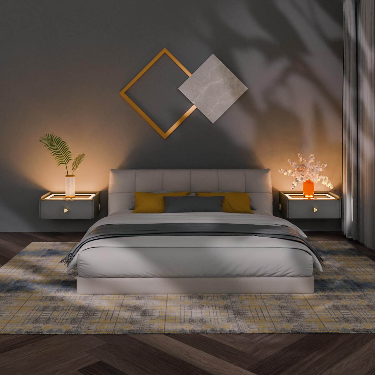 HOMEMORE Floating Nightstand with Charging Station Bedside Table LED Smart Bedside Table Wall Mounted Nightstand Grey