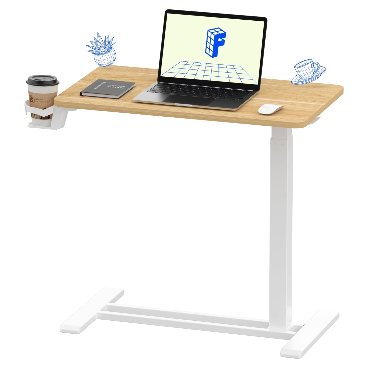 FLEXISPOT H7 Adjustable Overbed Bedside Table with Wheels Pneumatic Mobile Standing Desk Laptop Desk Rolling Computer Cart Movable Overbed Table Hospital Home Use(27.6" W x 15.7" D, Maple Table)