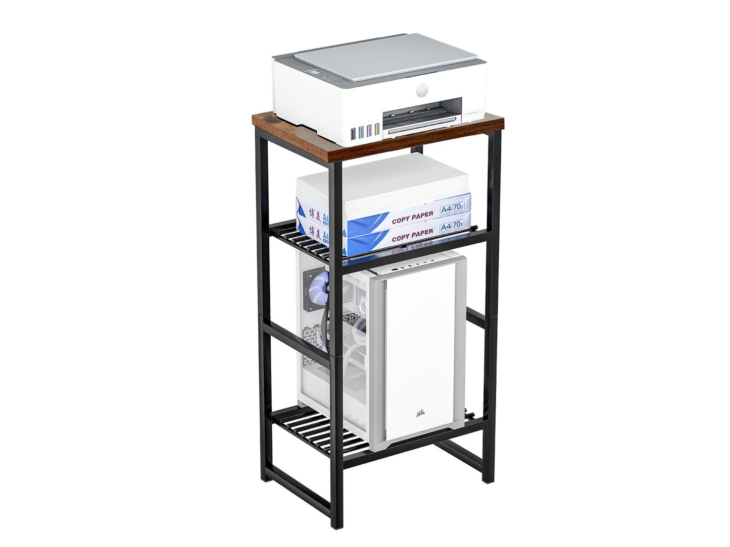 MWQ Industrial 3 Tier Printer Stand, Home Printer Wood Table with Wire Storage Shelf for Scanner Fax Machine, Heavy Duty Metal, Rustic Brown with Burly Wood Board