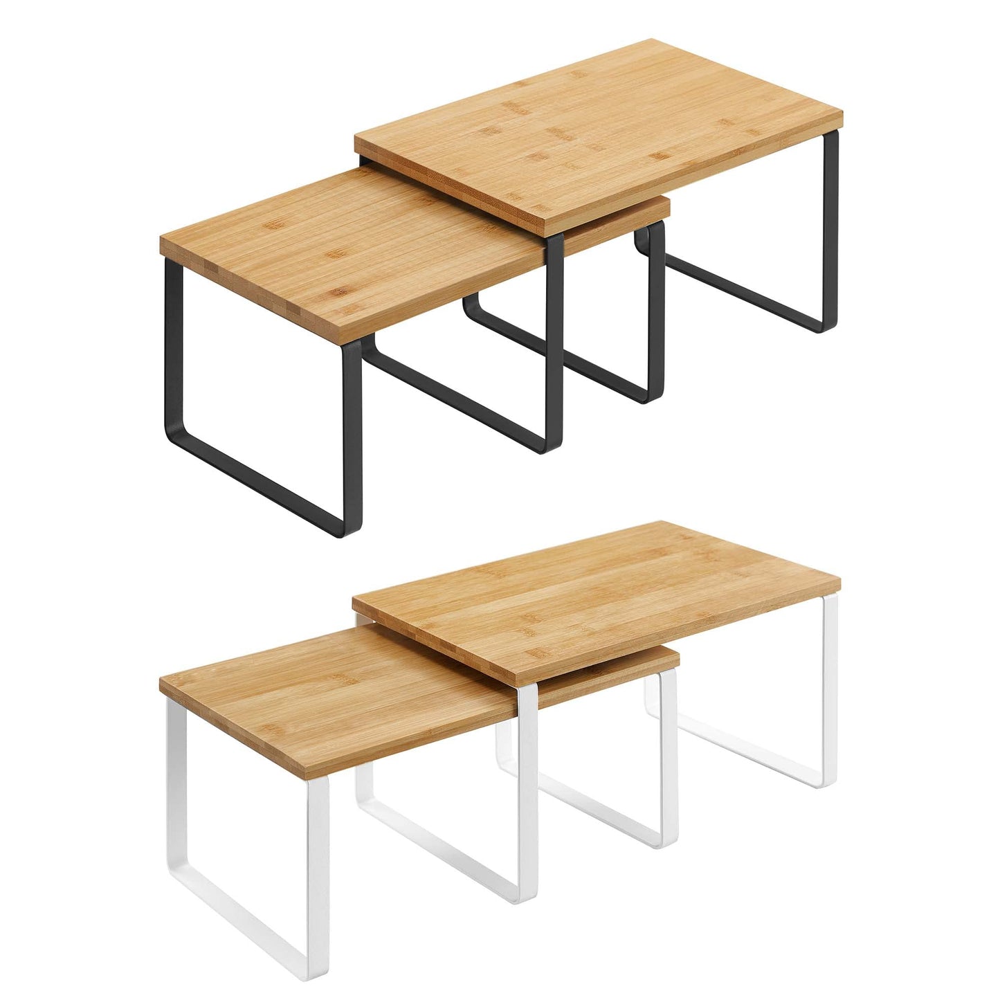 SONGMICS Kitchen Counter Organizers and Cabinet Shelves Bundle, Set of 4 Expandable Kitchen Cabinet Shelves, Metal and Bamboo, Black, Natural, and White UKCS02NB and UKCS02NW