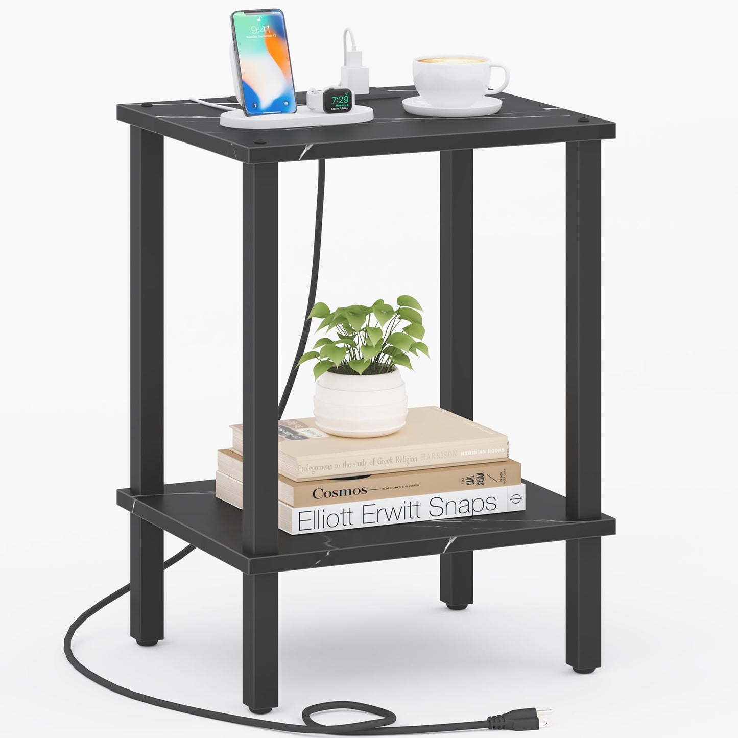 TUTOTAK End Table with Charging Station, Small Side Table, Nightstand Bedside Table, 2-Tier Storage Shelf for Small Space, Living Room, Bedroom, Marble Black TB01BMK040