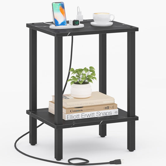 TUTOTAK End Table with Charging Station, Small Side Table, Nightstand Bedside Table, 2-Tier Storage Shelf for Small Space, Living Room, Bedroom, Marble Black TB01BMK040
