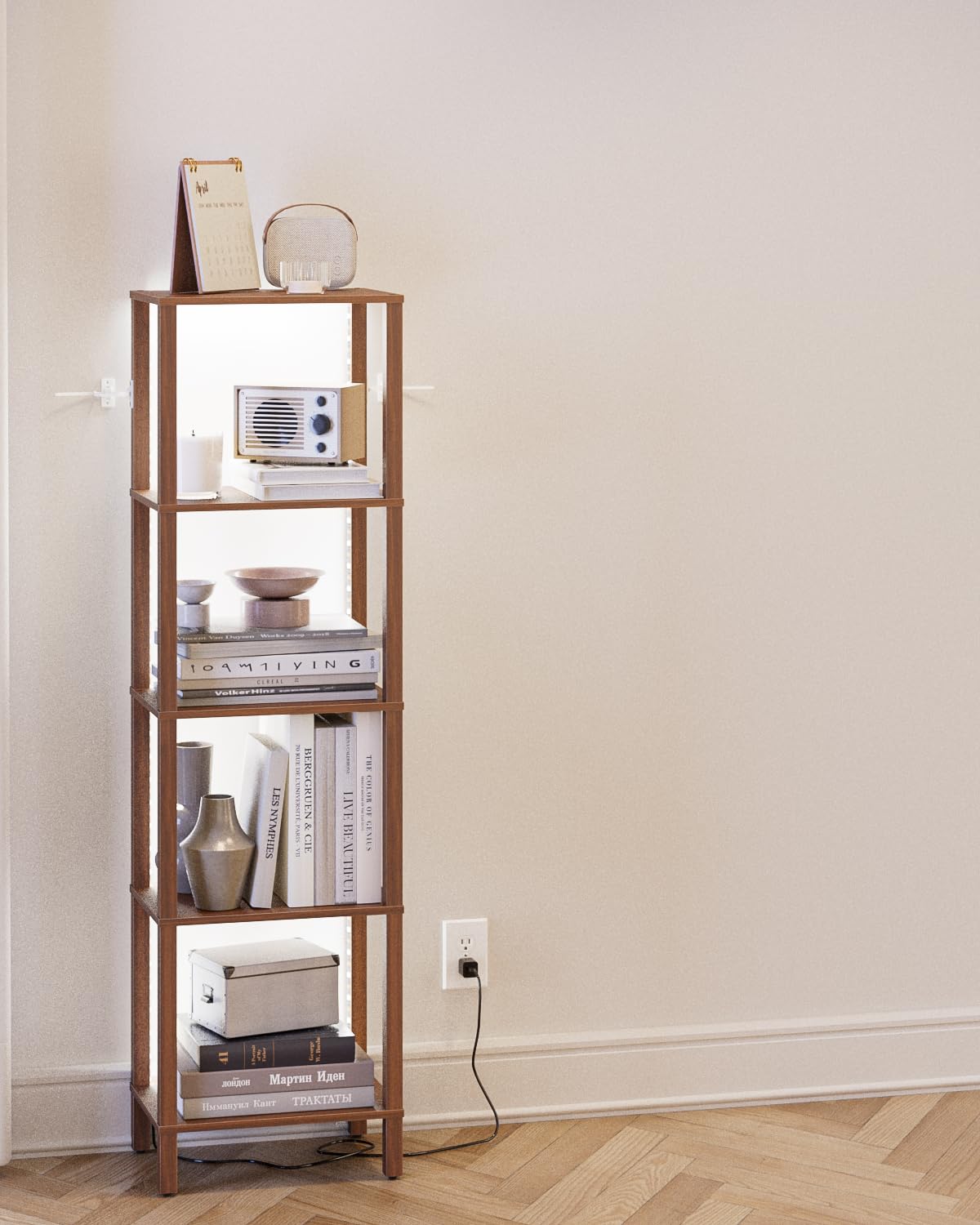 Apetaccat Open Book Shelf with LED Lights, 5 Tier Tall Bookshelf, Freestanding Shelf Narrow Bookcase with Open Shelves, 14.96" x 10.63" x 53.54", Book Shelves for Living Room, Office, Study, Walnut