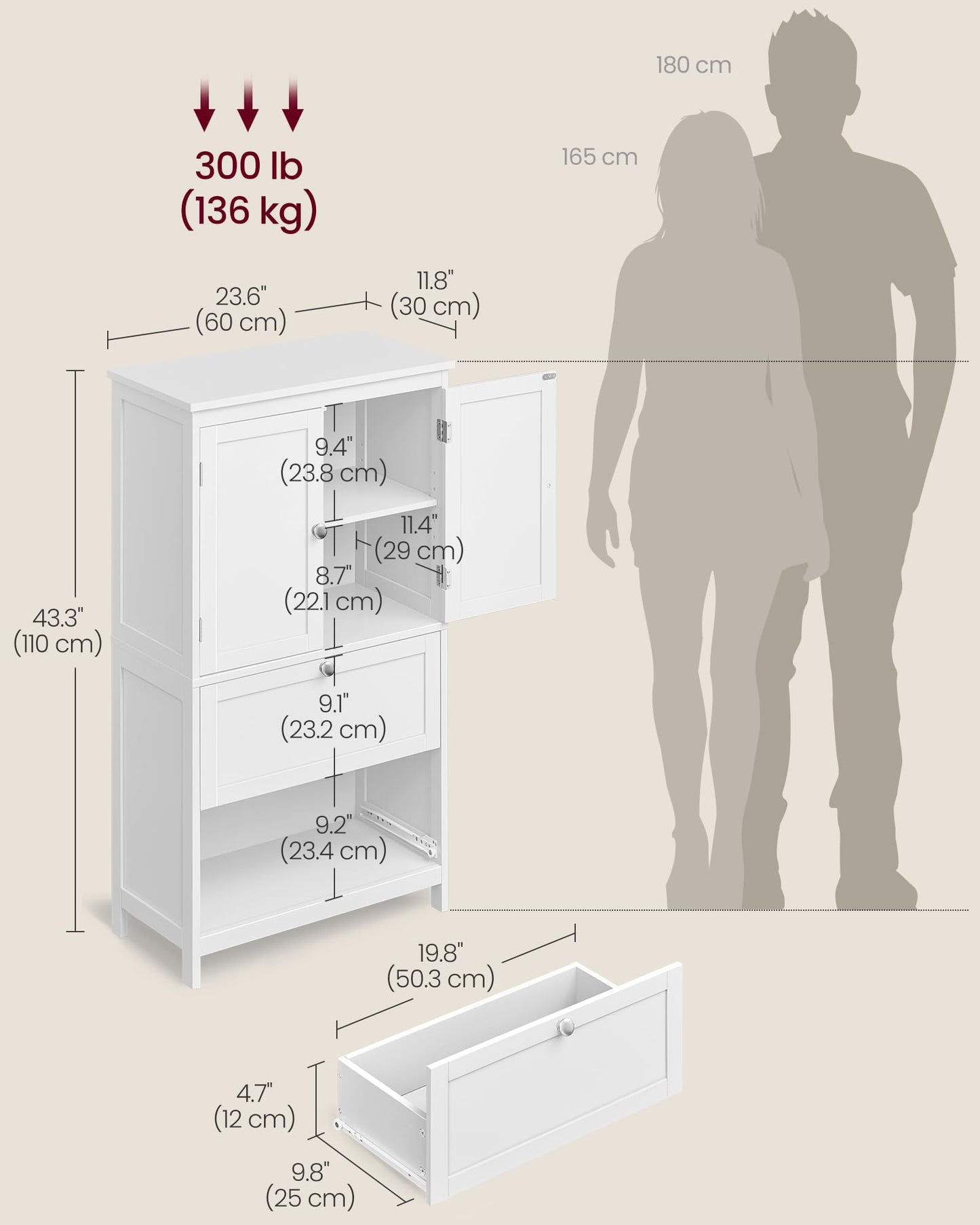 VASAGLE Bathroom Floor Storage Cabinet, Bathroom Storage Unit, Freestanding Cabinet with 2 Drawers and 2 Doors, Adjustable Shelf, 11.8 x 23.6 x 43.3 Inches, White UBBC551WH01S