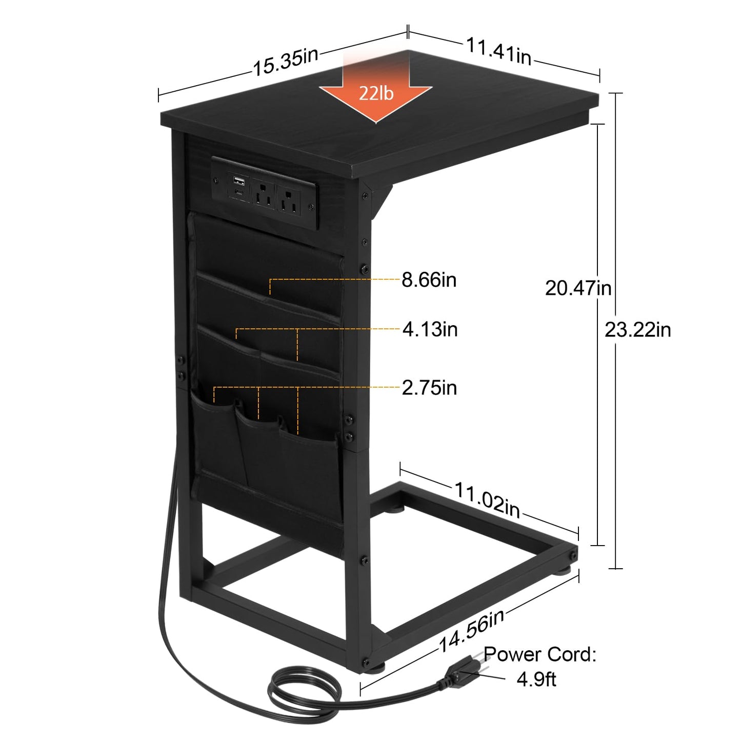 AMHANCIBLE C Shaped End Table with Charging Station, Couch Side Tables that Slide Under Sofa with Storage Bag, Slim TV Tray with USB Ports for Living Room, Bedroom, Black, HET04CBK