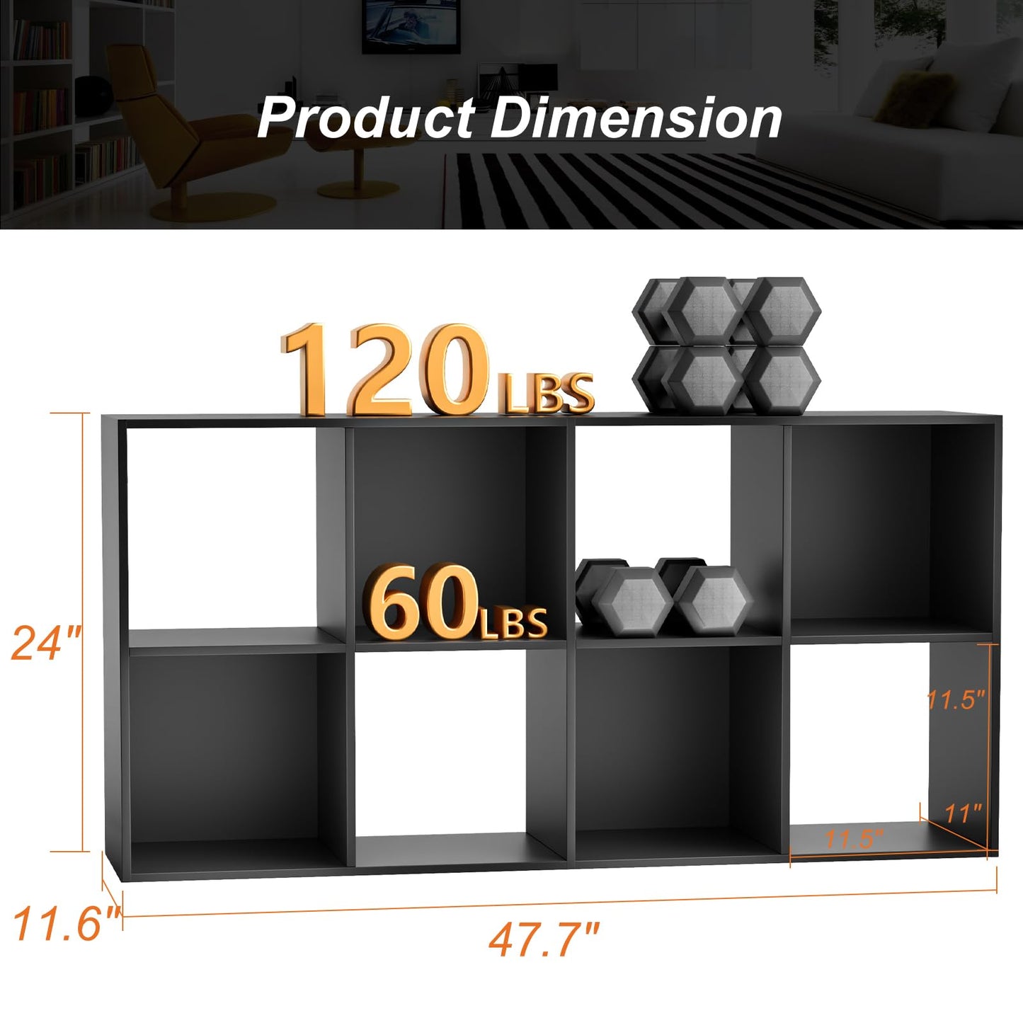 Sweetcrispy 8 Cube Storage Organizer - Open Cube Bookshelf with 4 Removable Back Panels, Display Storage Bookcase for Living Room, Bedroom, Entrance Hall, Home Office，47.7" Lx11.6 Wx24 H, Black