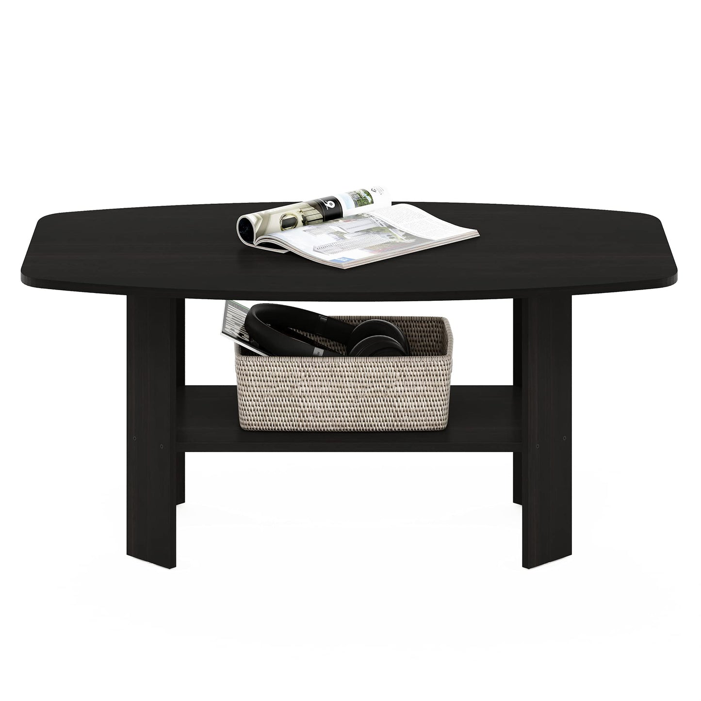 Furinno Simple 2-Tier Coffee Table, Black Center Table wih Open Shelf, Side Table Tabletop with Soft Edges, for Living Room, Home Office, Black Espresso