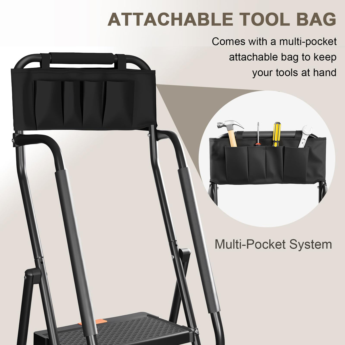 Valeo 4 Step Ladder with Handrails,500 Lbs Capacity,Folding Step Stool Ladder with Attachable Tool Bag,Lightweight & Storage Step Ladder 4 Step Folding,Multi-use for Home,Kitchen,Office,Black