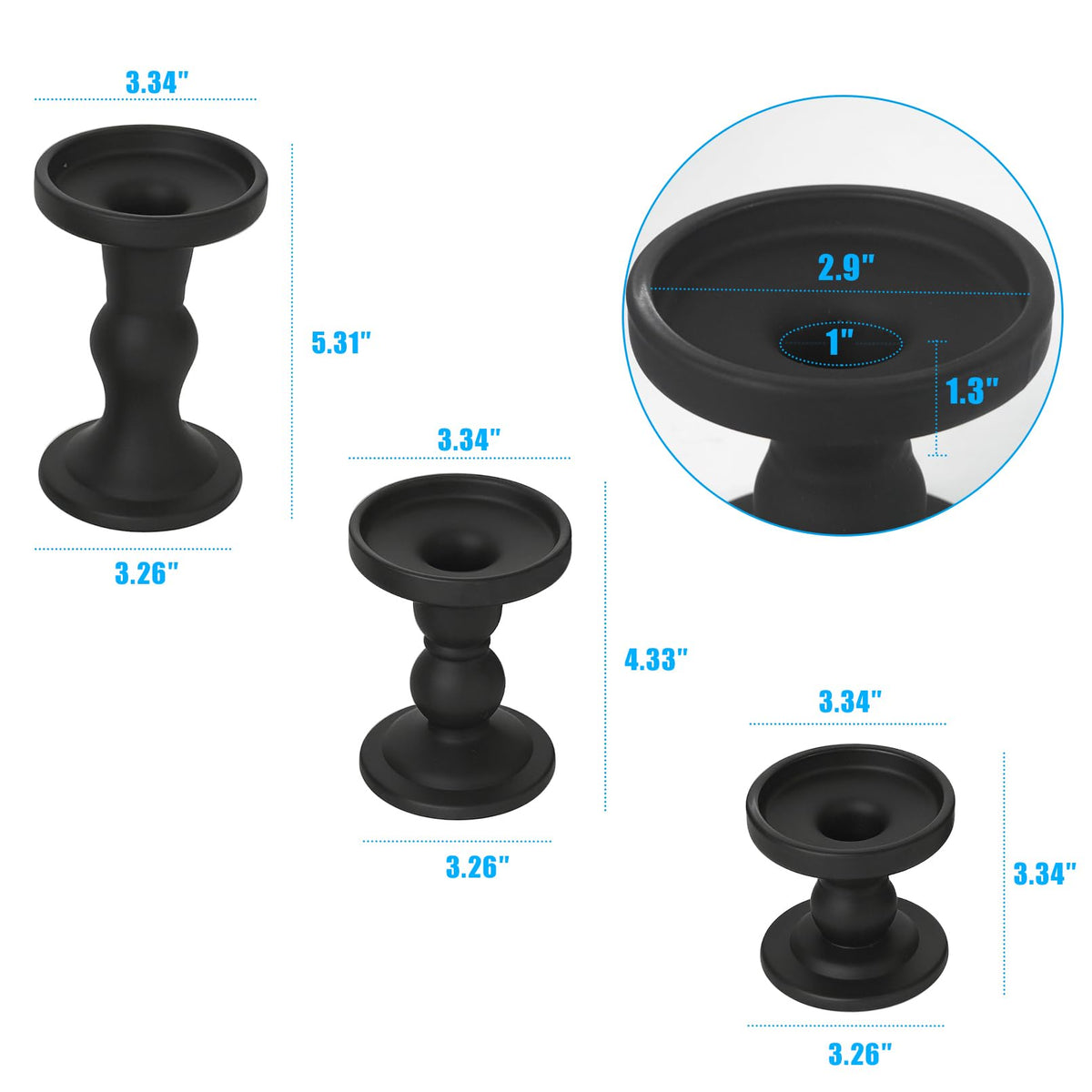 DreamsEden 3-Piece Matte Black Glass Candle Holders Set - Modern Opaque Candle Sticks for Taper, Pillar, Tea Light Candles, Sleek Table Centerpiece Decor for Wedding, Dining Room, Party