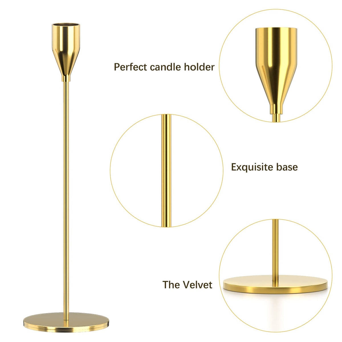 SUJUN Candle Holders Set of 3 for Taper Candles, Decorative Candlestick Holder for Wedding, Dinning, Party, Fits 3/4 inch Thick Candle&Led Candles (Metal Candle Stand) (Gold)