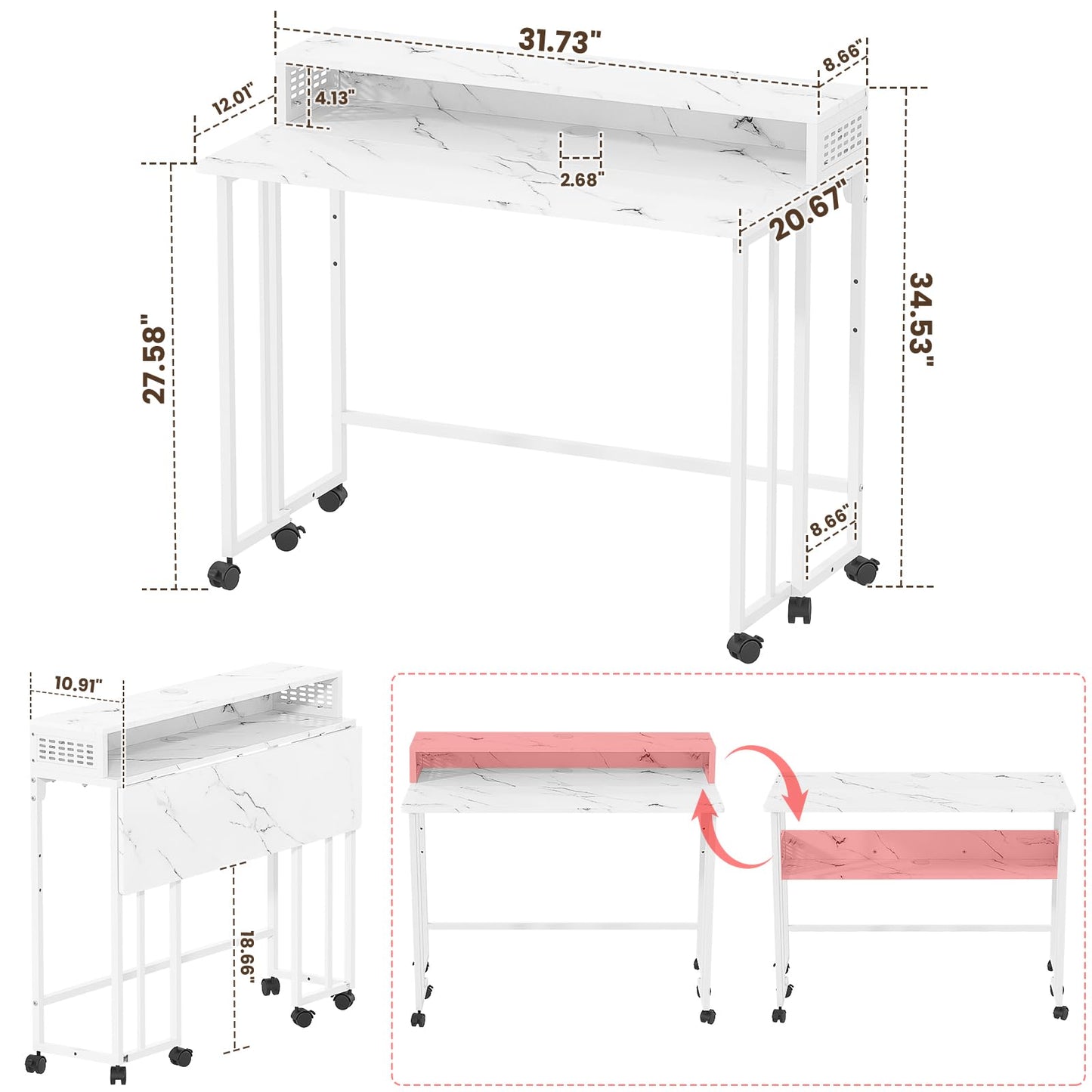 Gezen Folding Desk with Storage Shelf, Mobile Couch Desk Sofa Side Table Bed for Home Office Small Space, White Marble, 31.5