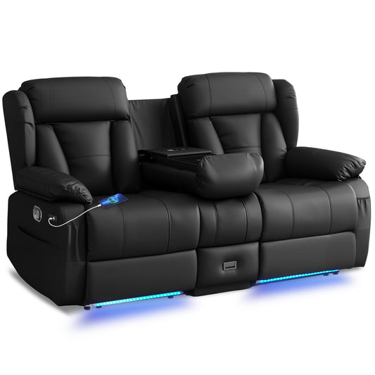 AHMED Loveseat Recliner Sofa with Console, Home Theater Seating with LED Lights, Cup Holders, USB Ports, Side Pockets, 2 Seater Manual Reclining Couch for Living Room, RV, Home Theater, Black