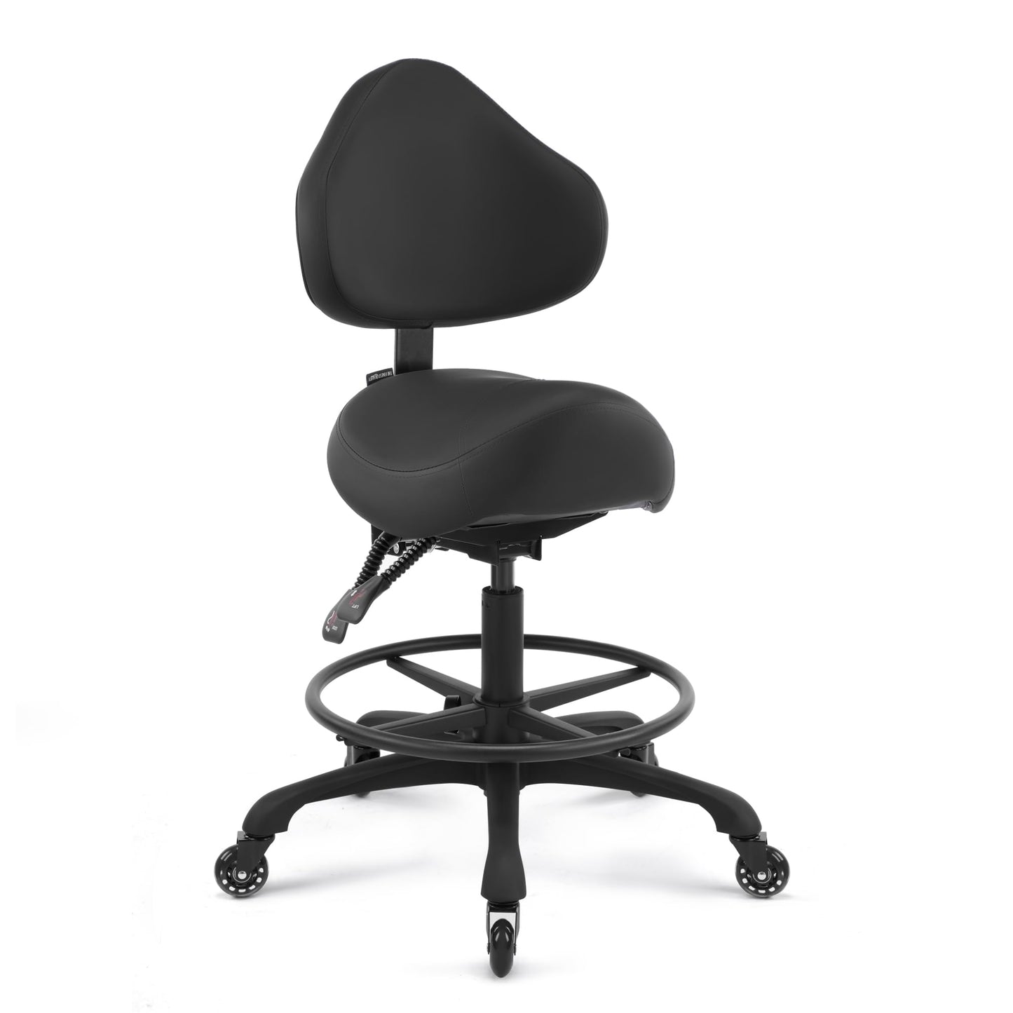 DR.LOMILOMI Pneumatic Swivel Rolling Saddle Chair with Wheels and Ergonomic Back Support for Hair Stylist, Dental Hygienist, Hygienic Clinic, Spa, Massage, Home, Office - Black Vinyl Leather - 510 KOA